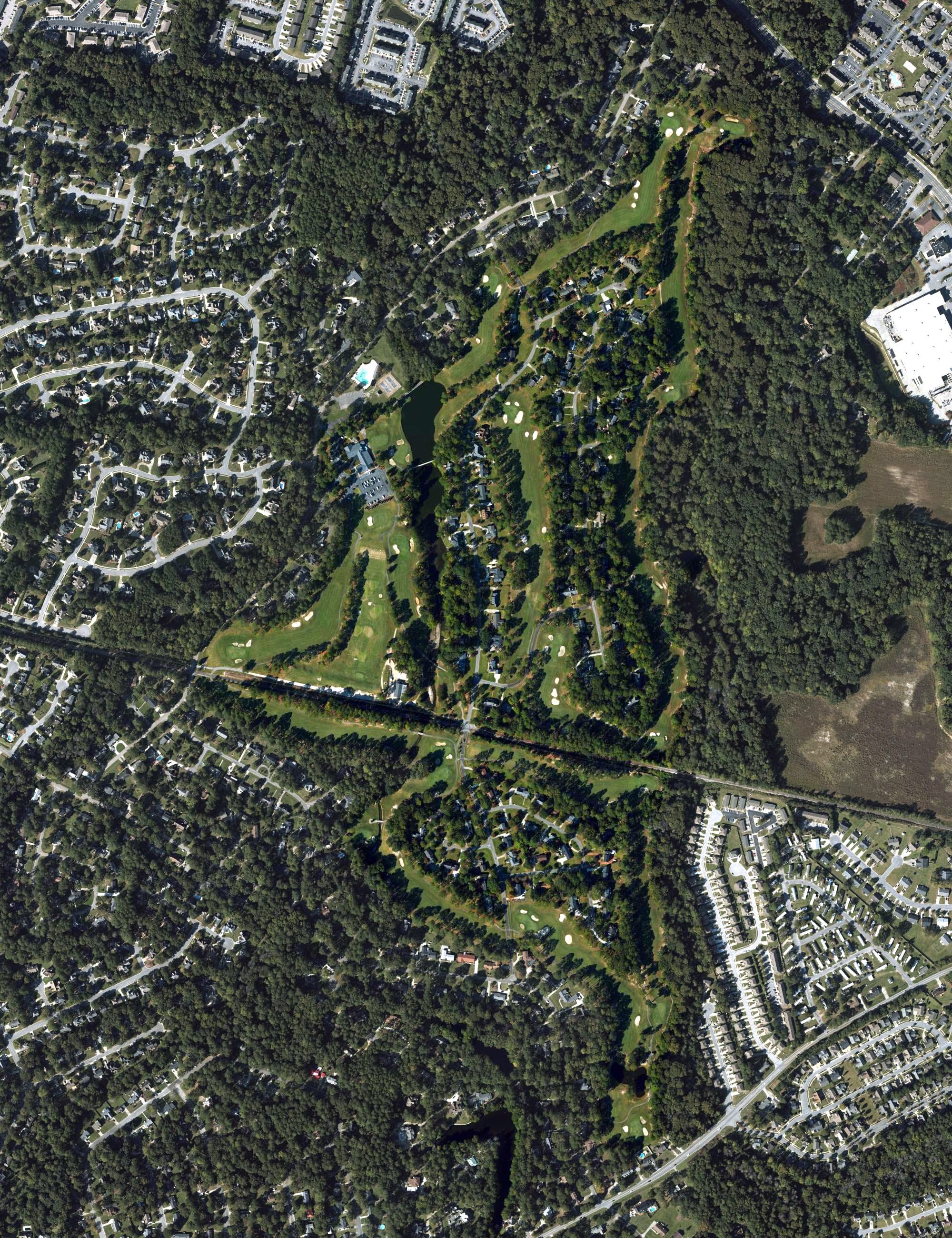 Aerial view of Brook Valley Country Club, NC, with its hole routing marked