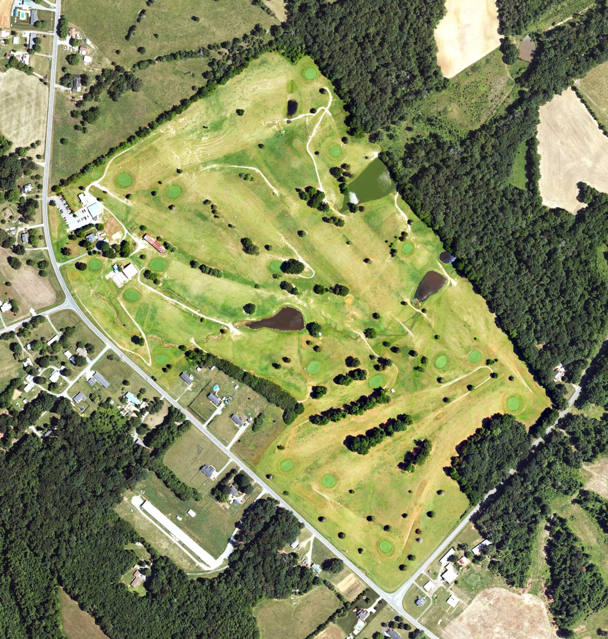 Aerial view of Brookwood Golf Course, NC, with its hole routing marked