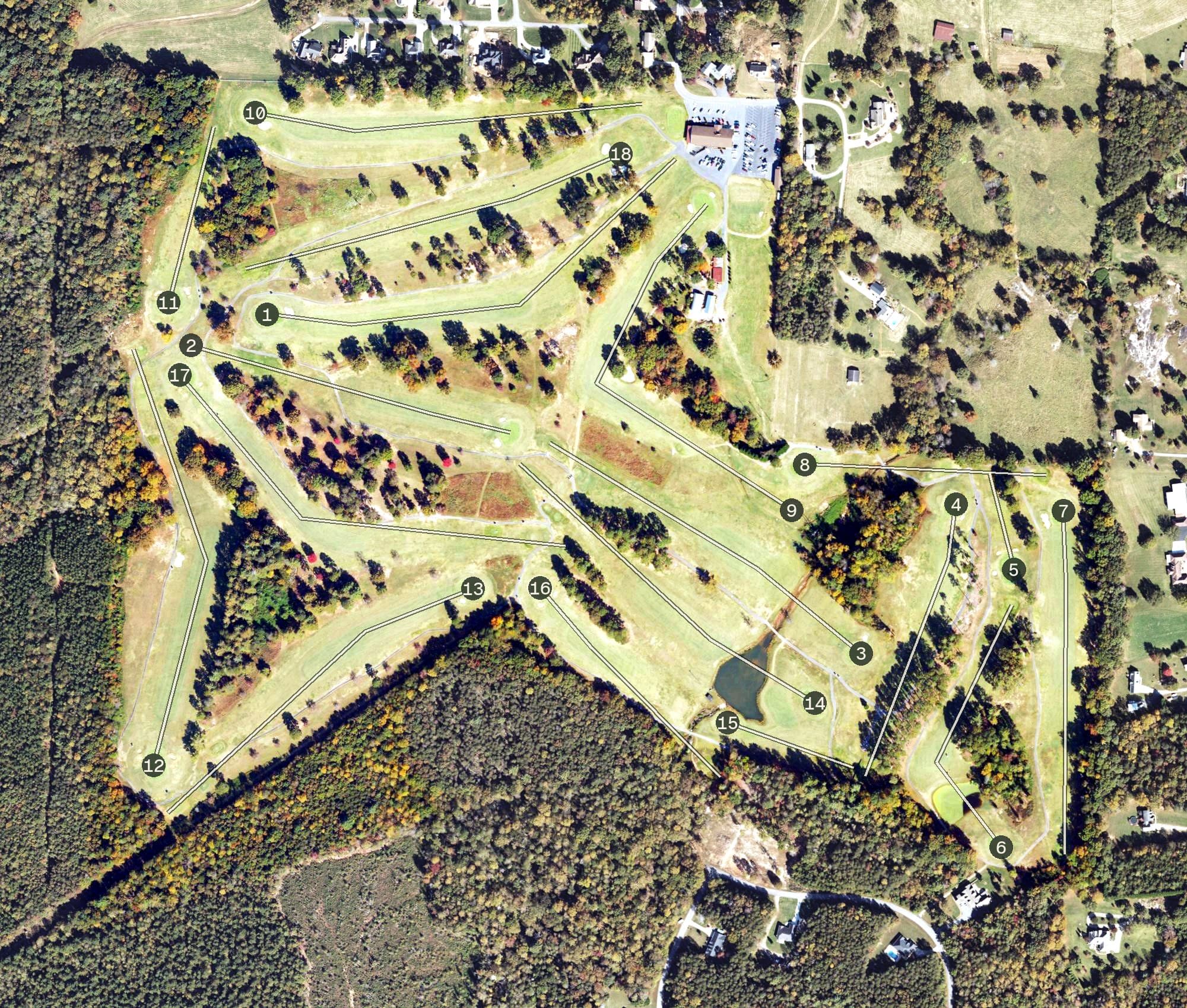 Aerial view of Bushy Mountain Golf Club, NC, with its hole routing marked