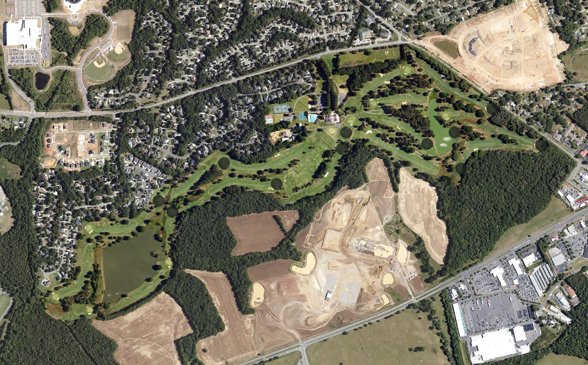 Aerial view of Cabarrus Country Club, NC, with its hole routing marked