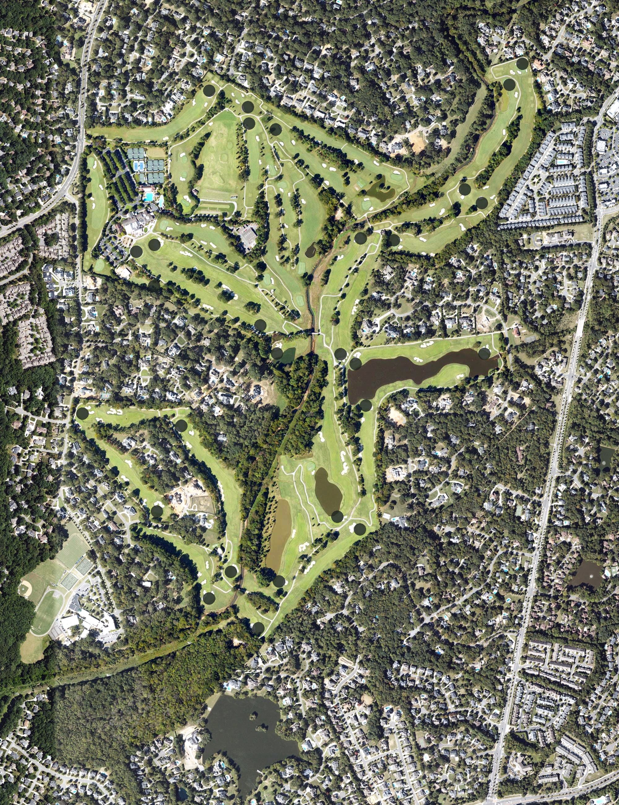Aerial view of Carmel Country Club, NC, with its hole routing marked