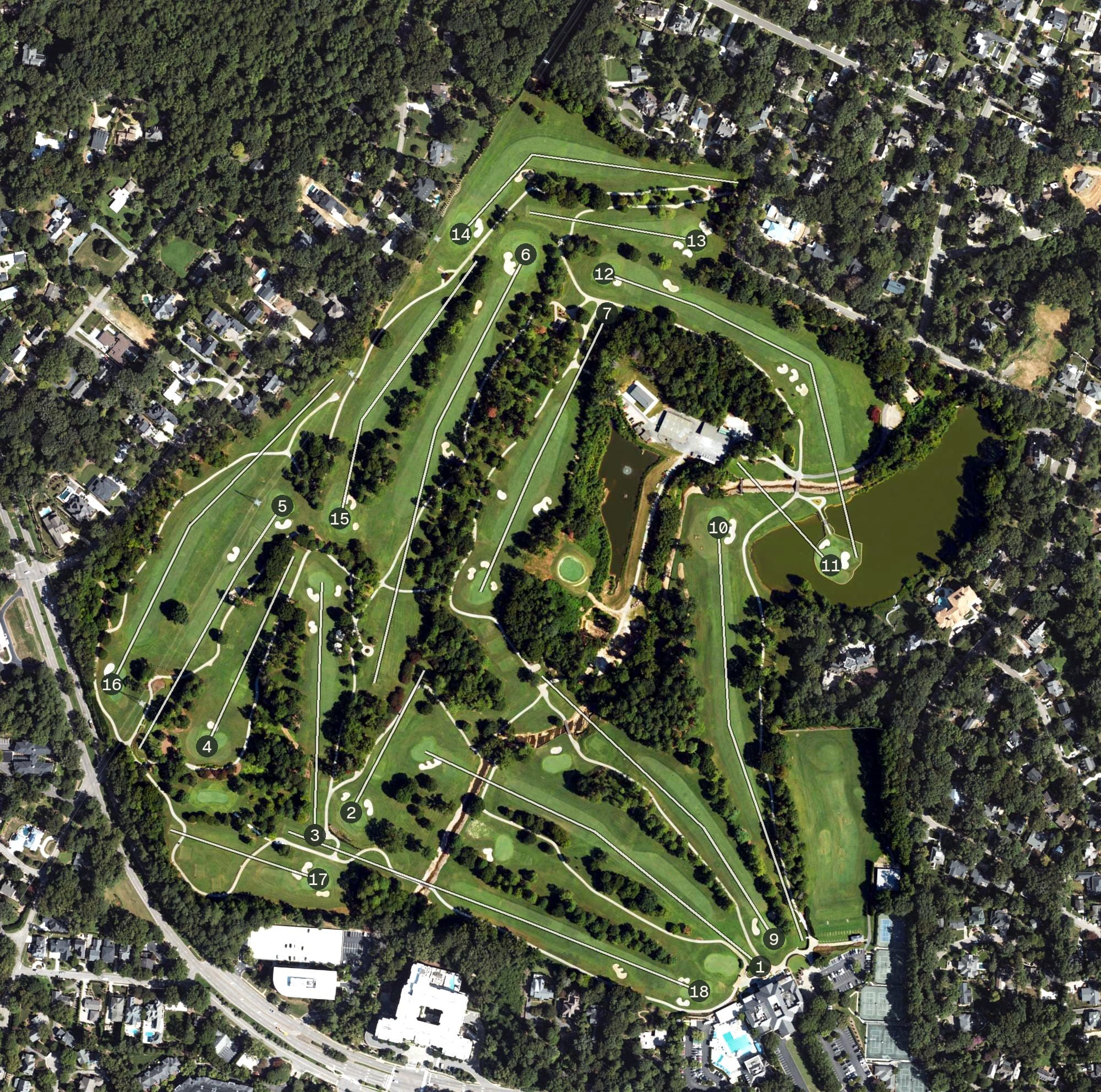 Aerial view of Carolina Country Club, NC, with its hole routing marked