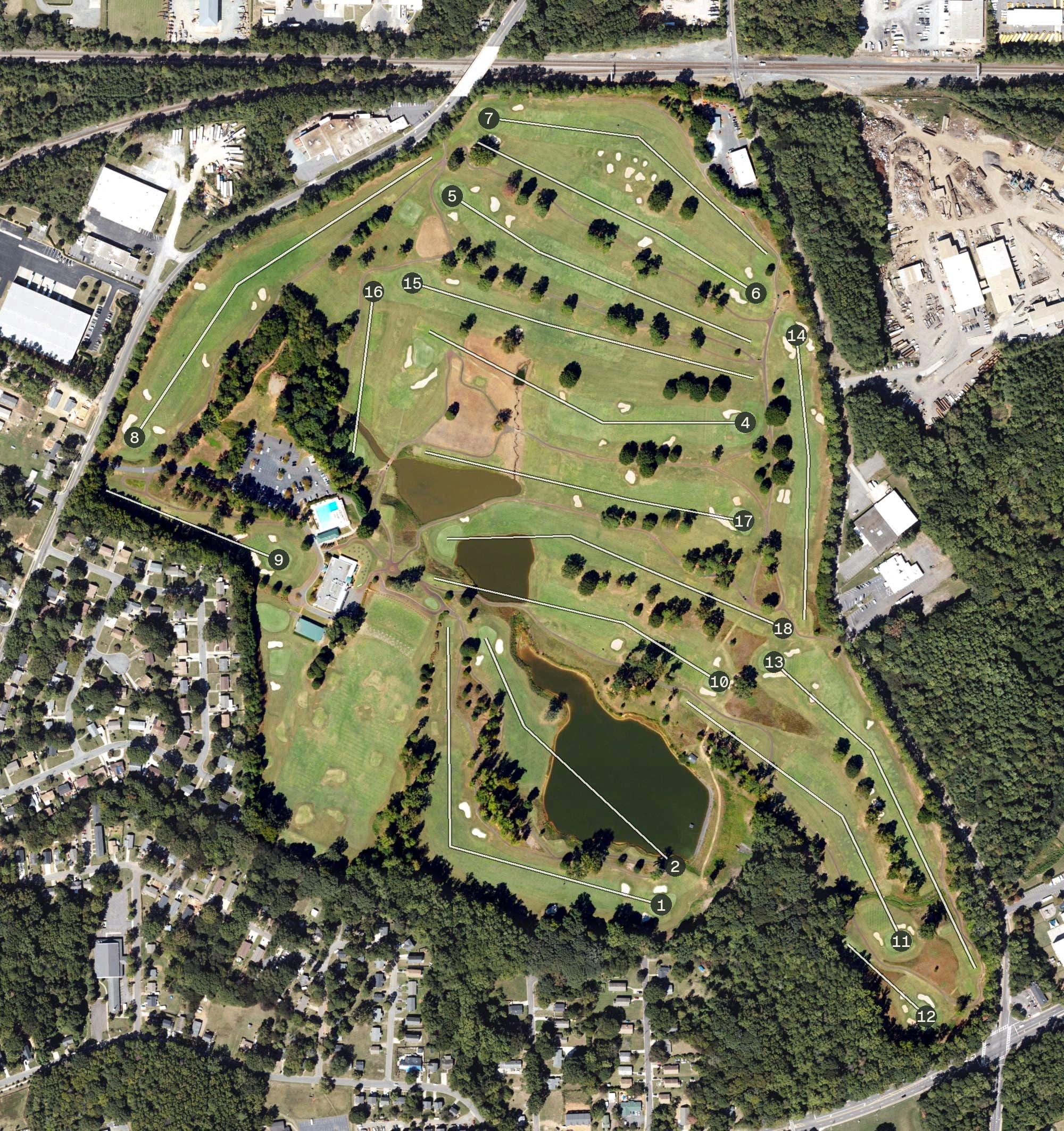 Aerial view of Carolina Golf Club, NC, with its hole routing marked