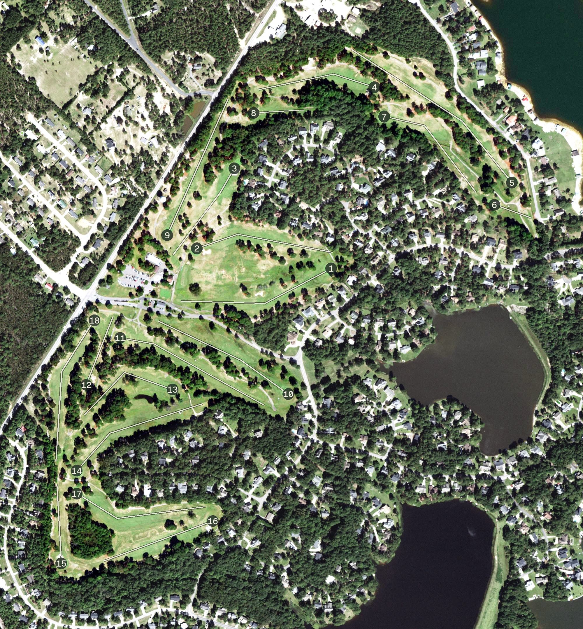 Aerial view of Carolina Lakes Golf Club, NC, with its hole routing marked
