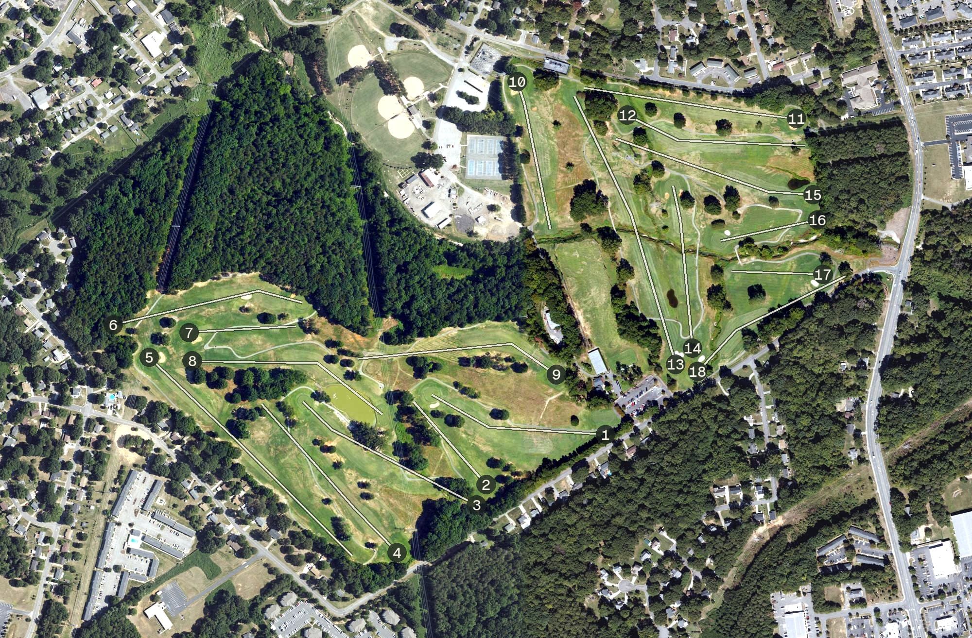 Aerial view of Catawba Creek Golf Course, NC, with its hole routing marked