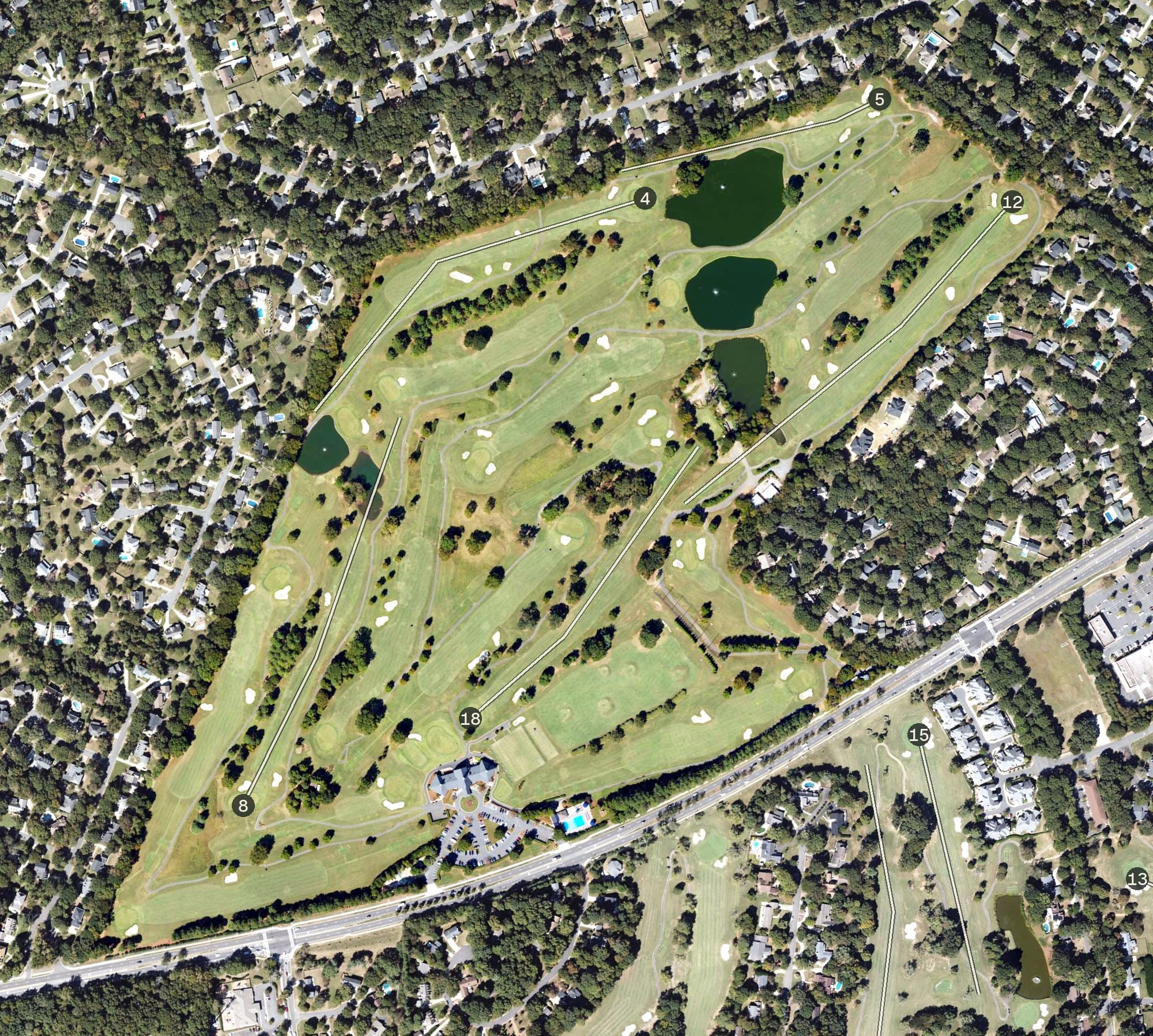 Aerial view of Cedarwood Country Club, NC, with its hole routing marked