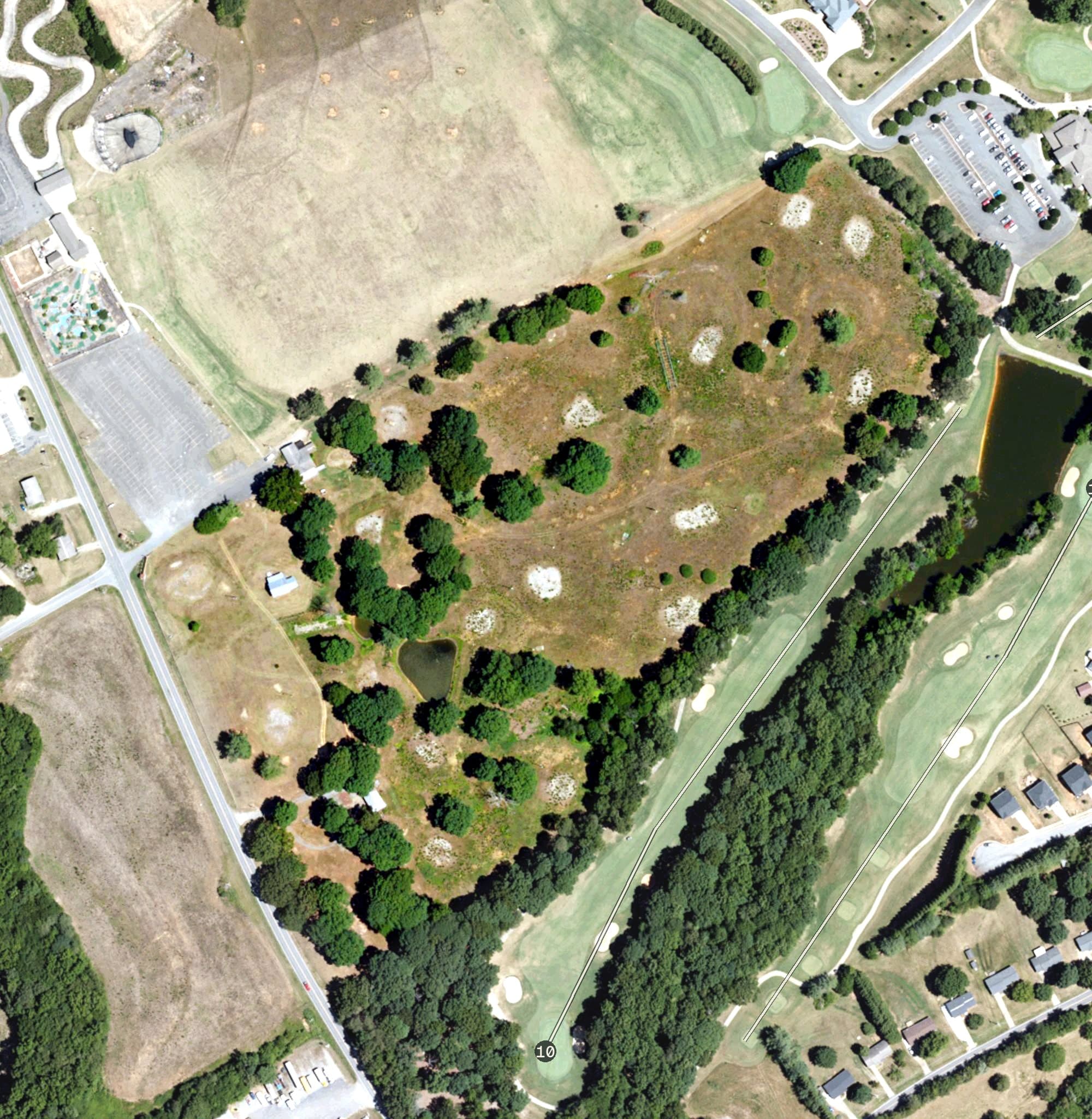Aerial view of Challenger 3 Golf Course, NC, with its hole routing marked