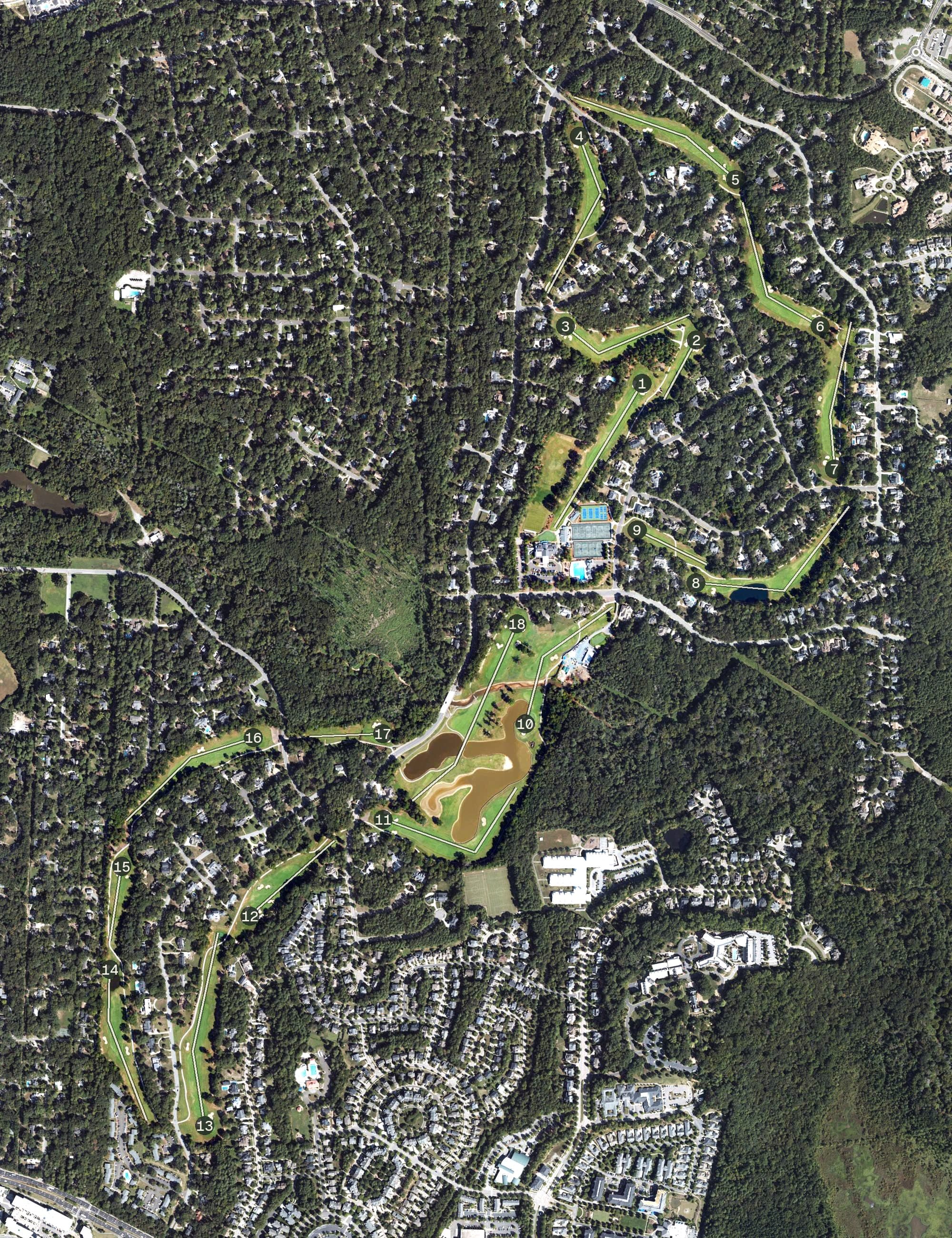 Aerial view of Chapel Hill Country Club, NC, with its hole routing marked
