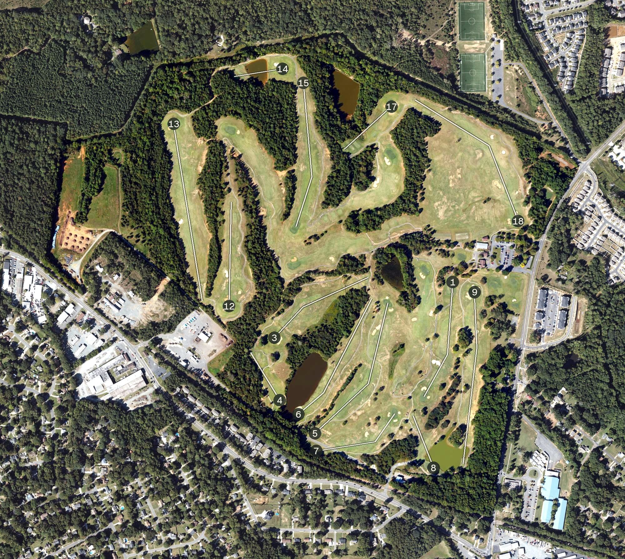 Aerial view of Charles T. Myers Golf Club, NC, with its hole routing marked