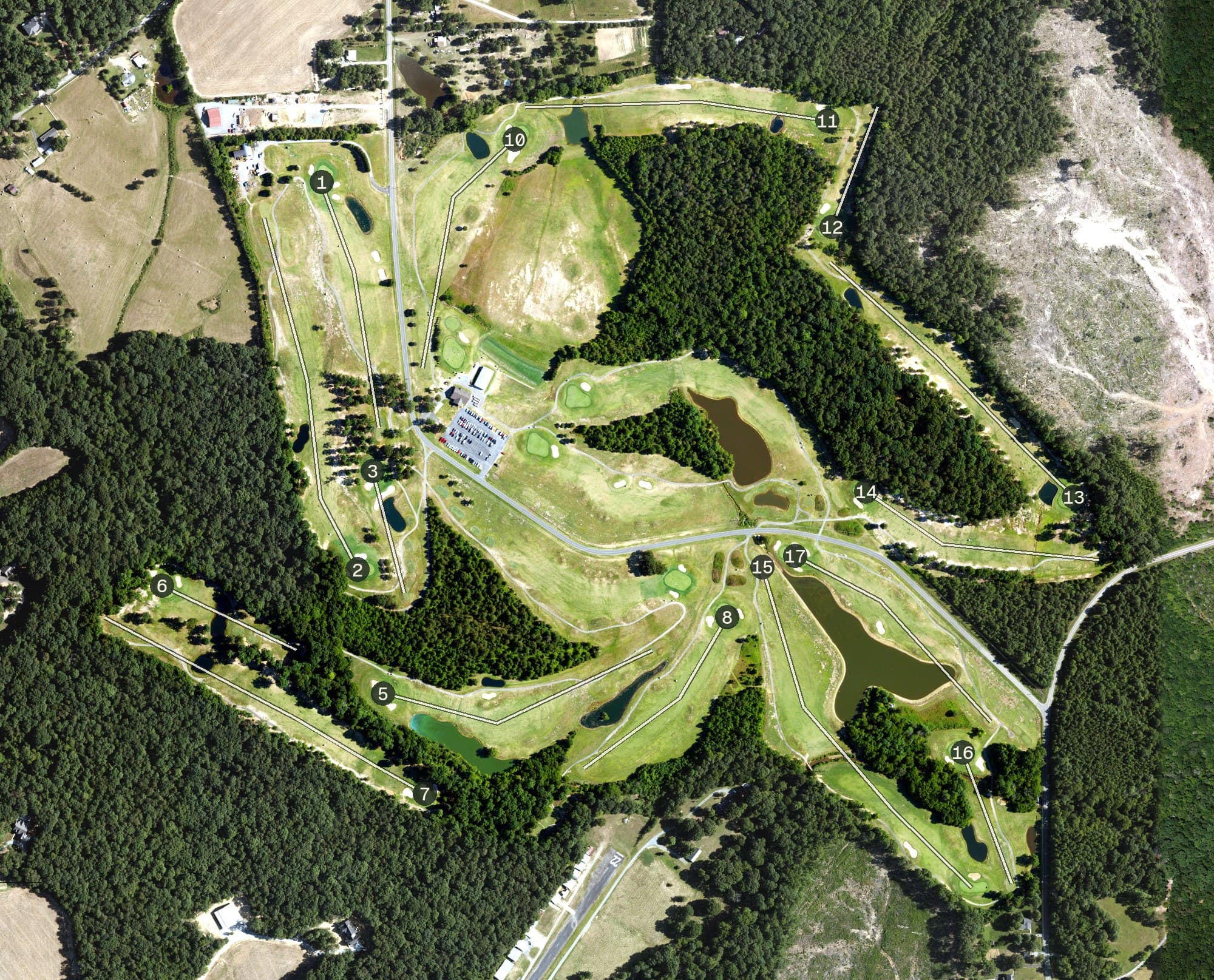 Aerial view of Charlotte National Golf Club, NC, with its hole routing marked