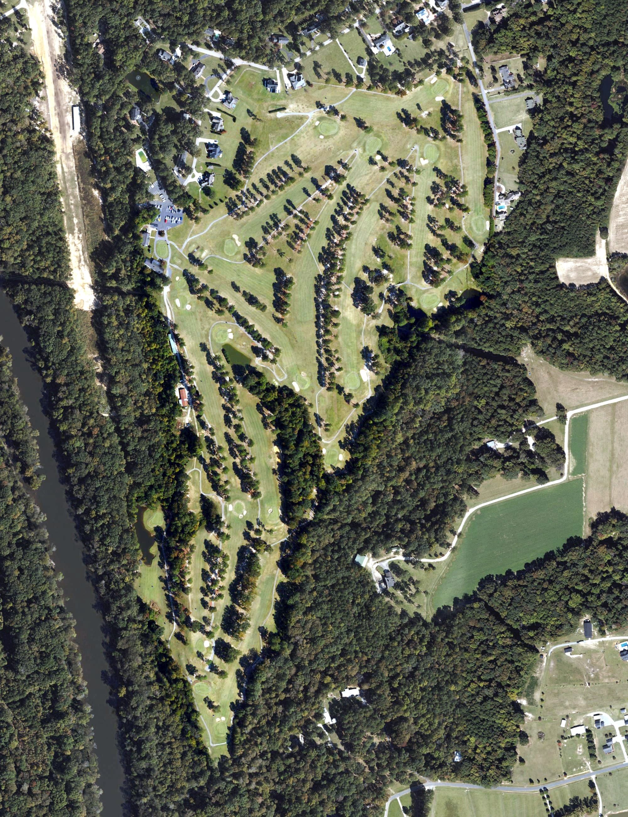 Aerial view of Chicora Golf Club, NC, with its hole routing marked