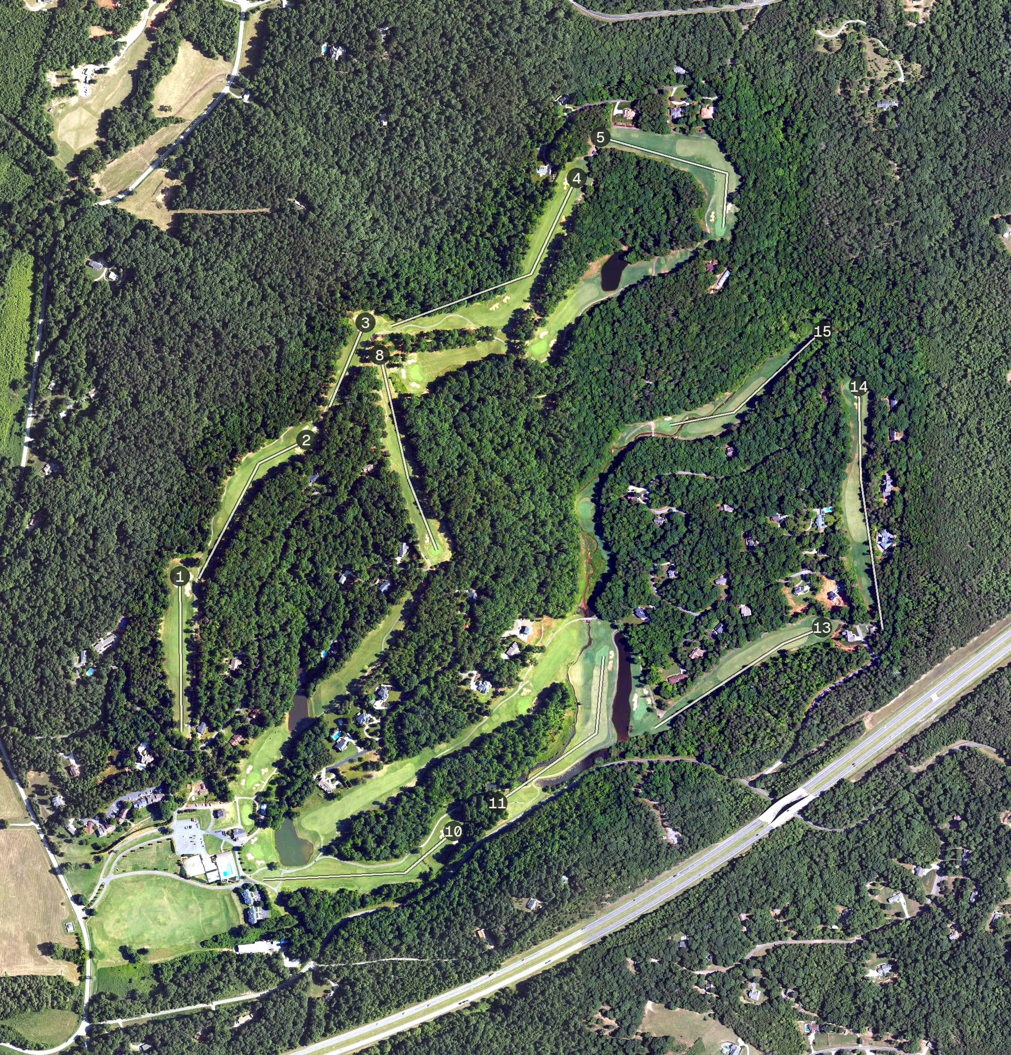 Aerial view of Cleghorn Golf & Sports Club, NC, with its hole routing marked