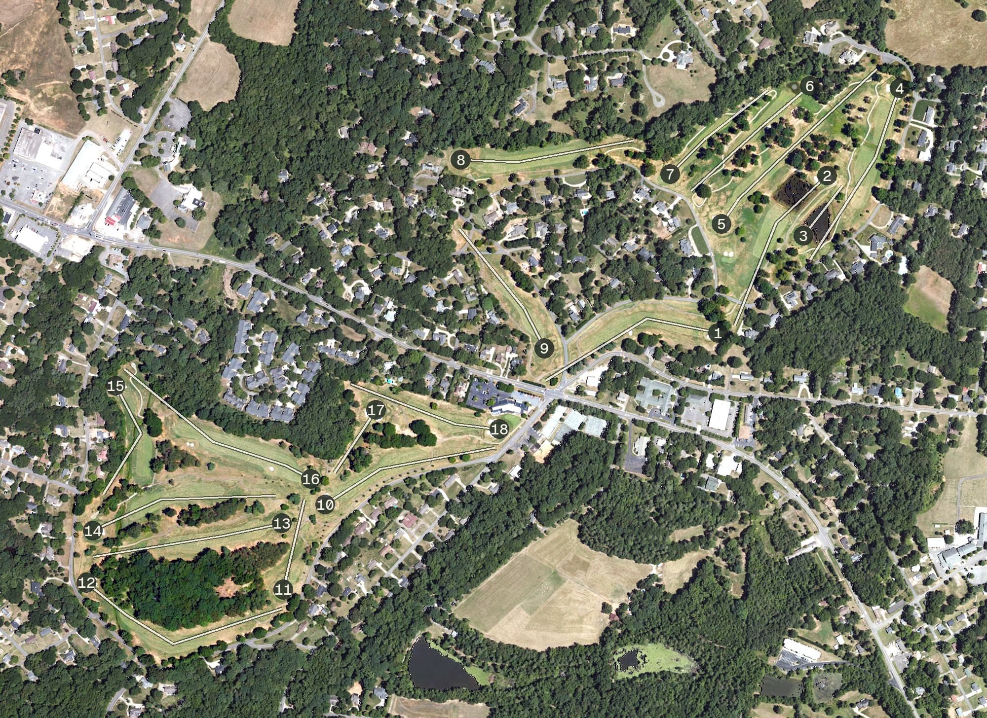 Aerial view of Cleveland Country Club, NC, with its hole routing marked