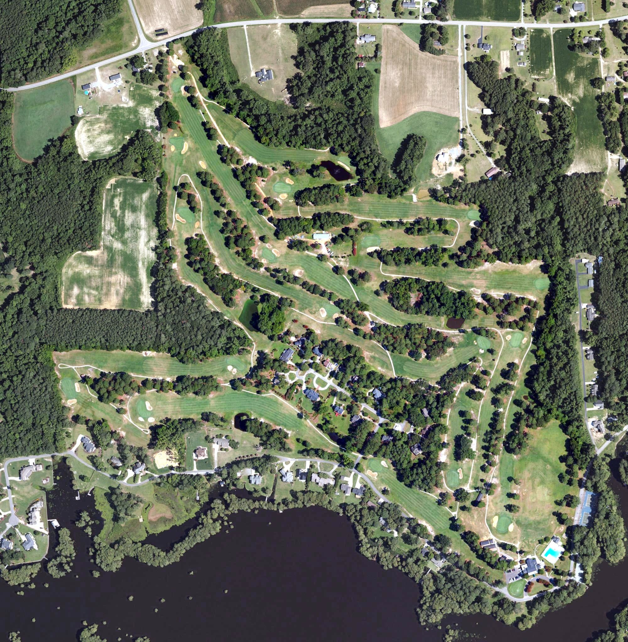 Aerial view of Country Club of Johnston County, NC, with its hole routing marked