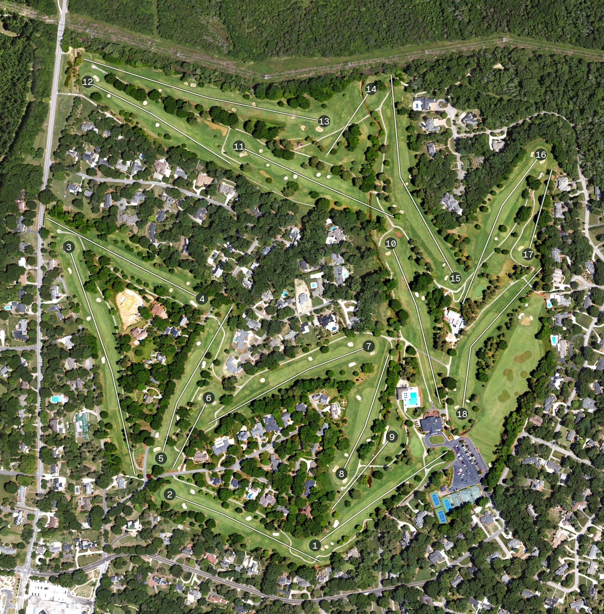 Aerial view of Country Club of Salisbury, NC, with its hole routing marked