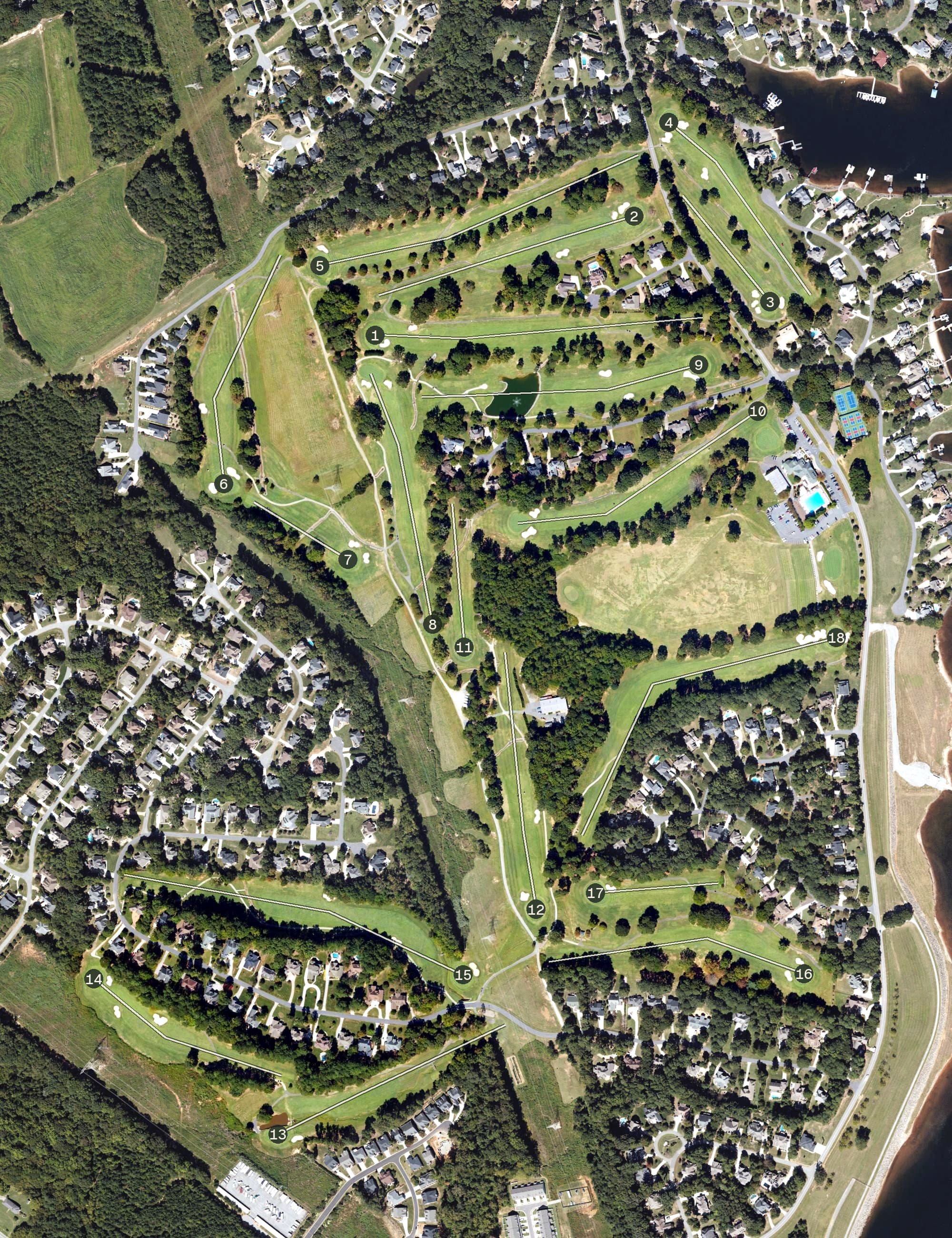 Aerial view of Cowan's Ford Golf Club, NC, with its hole routing marked