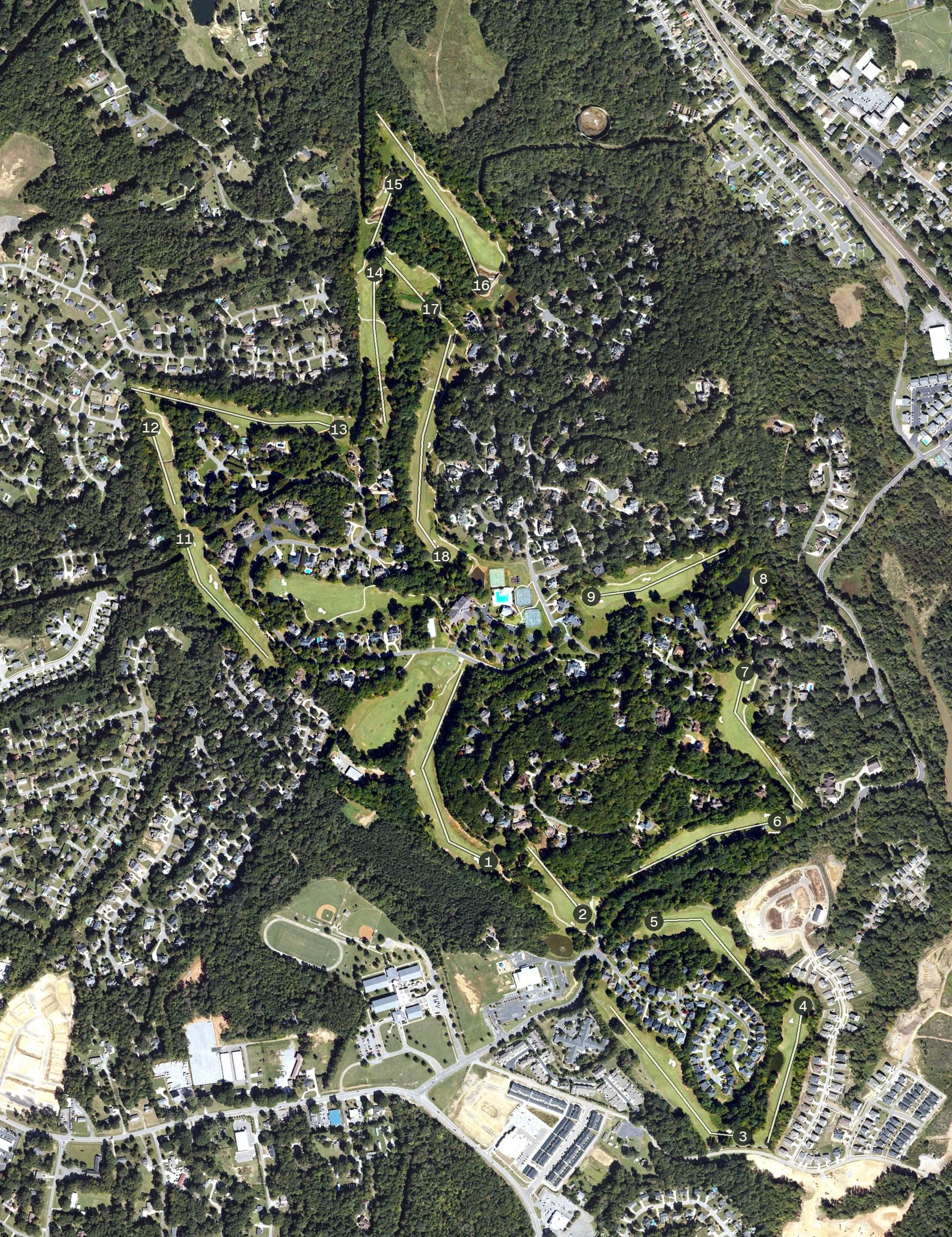 Aerial view of Cramer Mountain Club, NC, with its hole routing marked