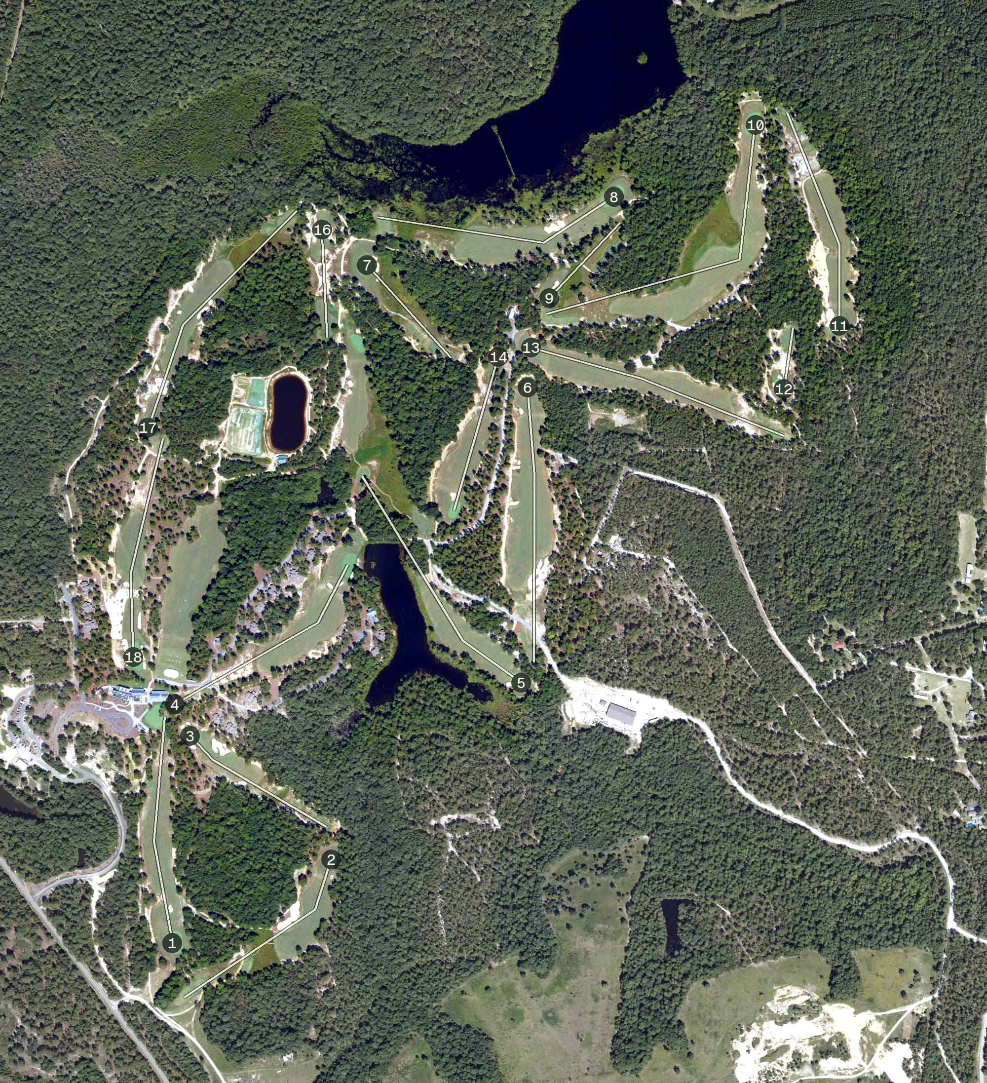 Aerial view of Dormie Club, NC, with its hole routing marked
