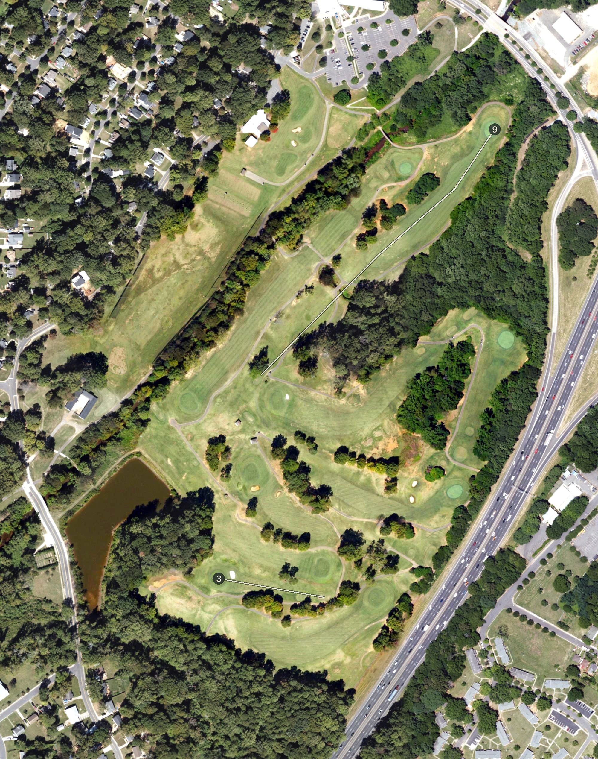 Aerial view of Dr. Charles L. Sifford Golf Course, NC, with its hole routing marked