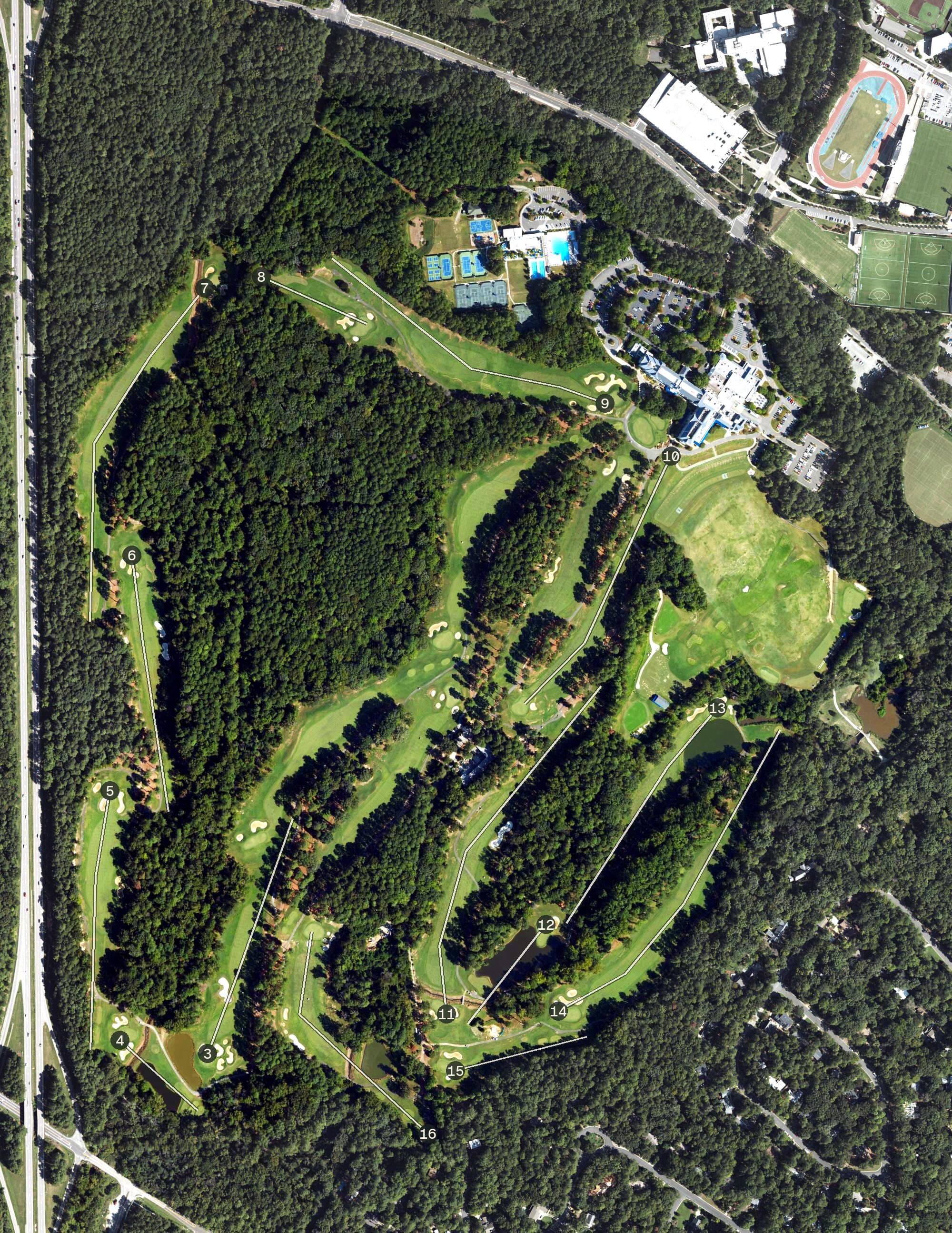 Aerial view of Duke University Golf Club, NC, with its hole routing marked