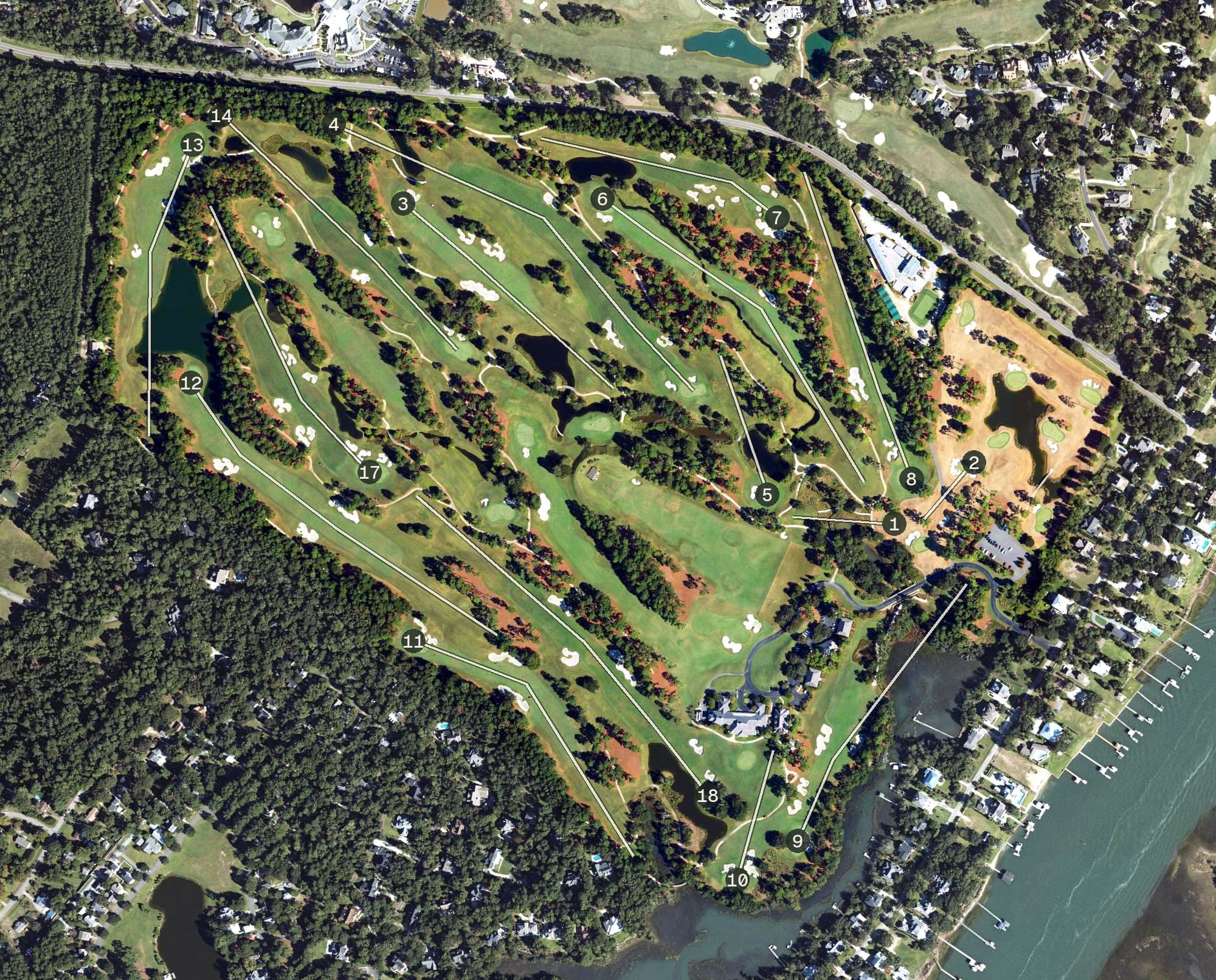 Aerial view of Eagle Point Golf Club, NC, with its hole routing marked