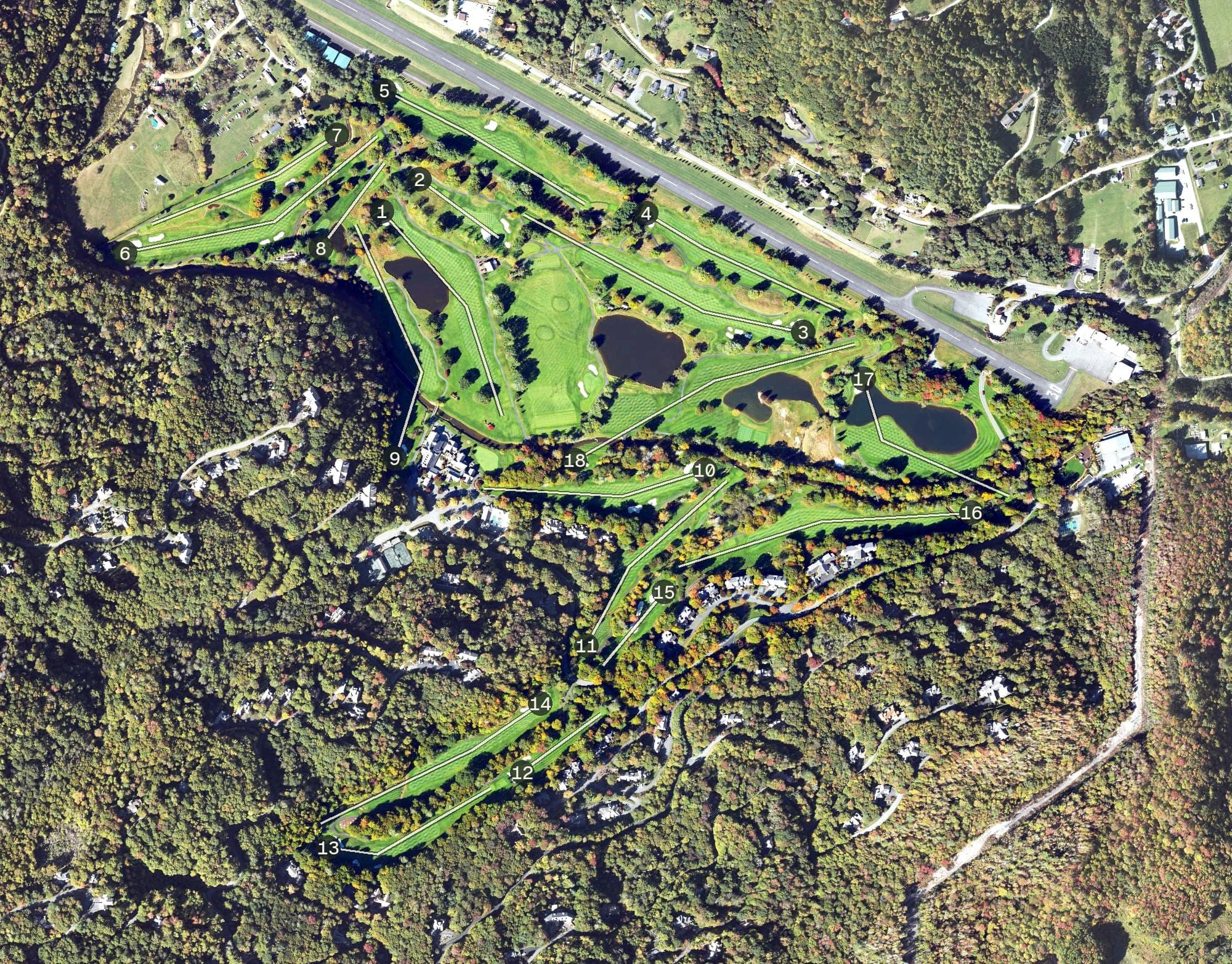 Aerial view of Elk River Club, NC, with its hole routing marked