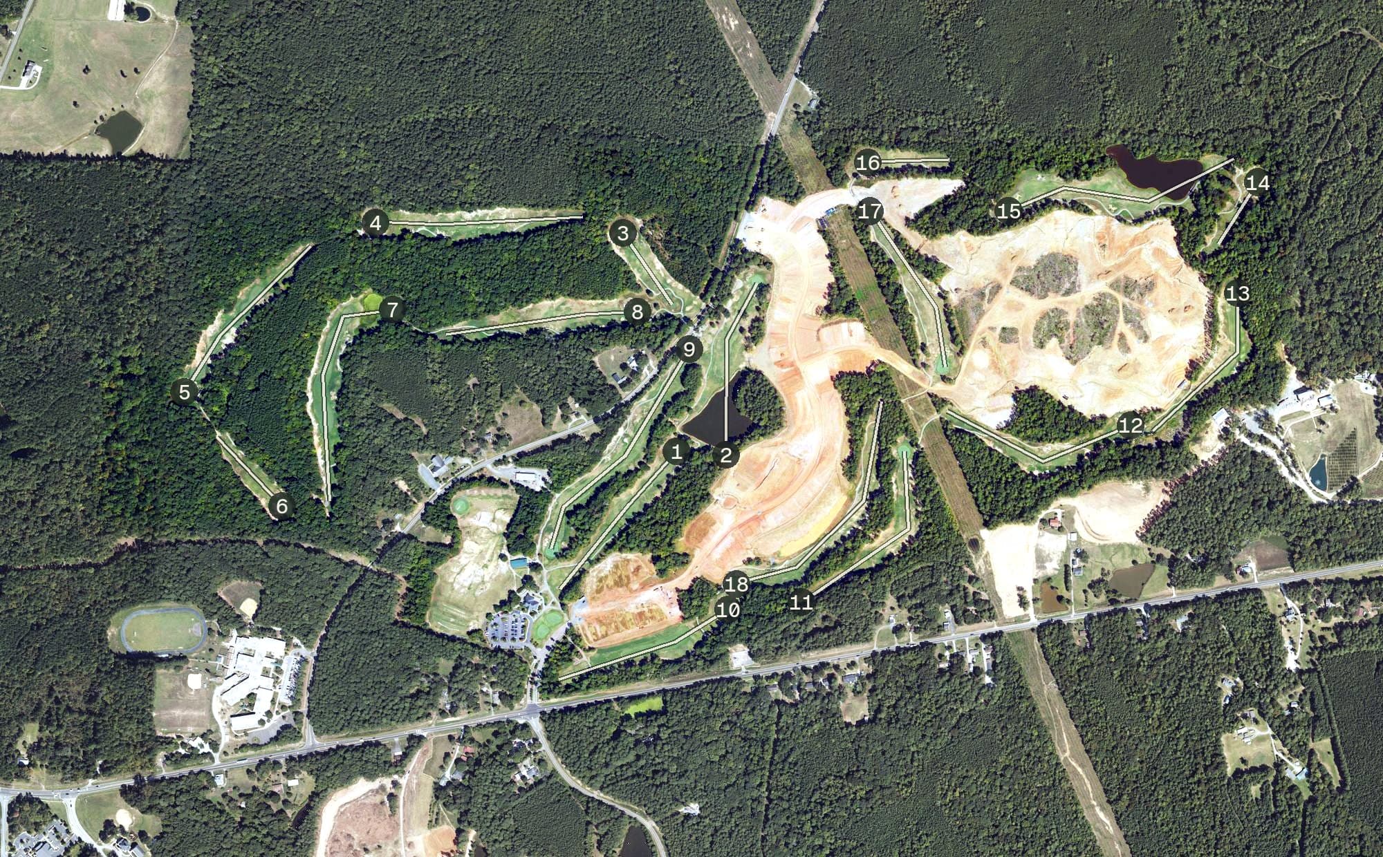 Aerial view of Falls Village Golf Club, NC, with its hole routing marked