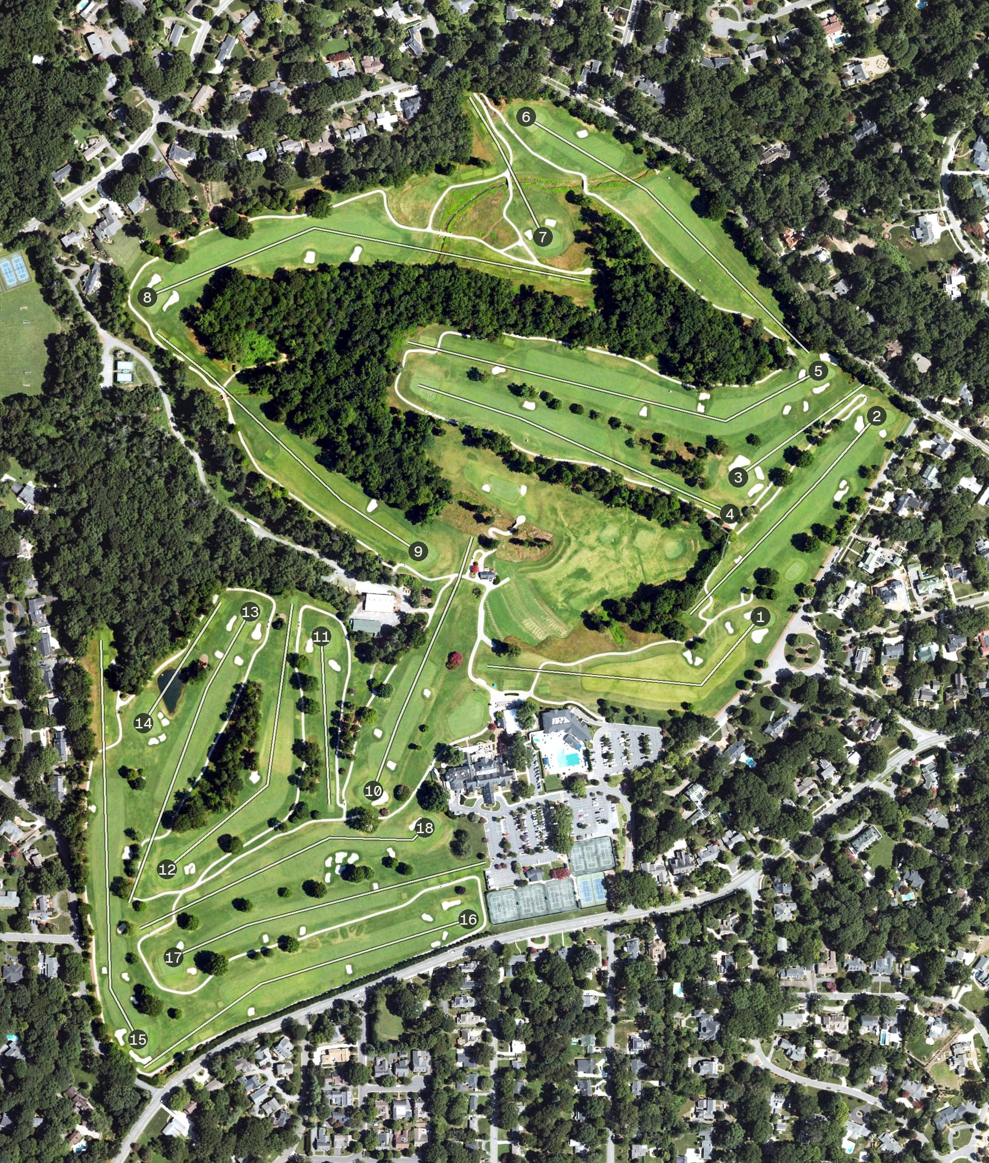Aerial view of Forsyth Country Club, NC, with its hole routing marked