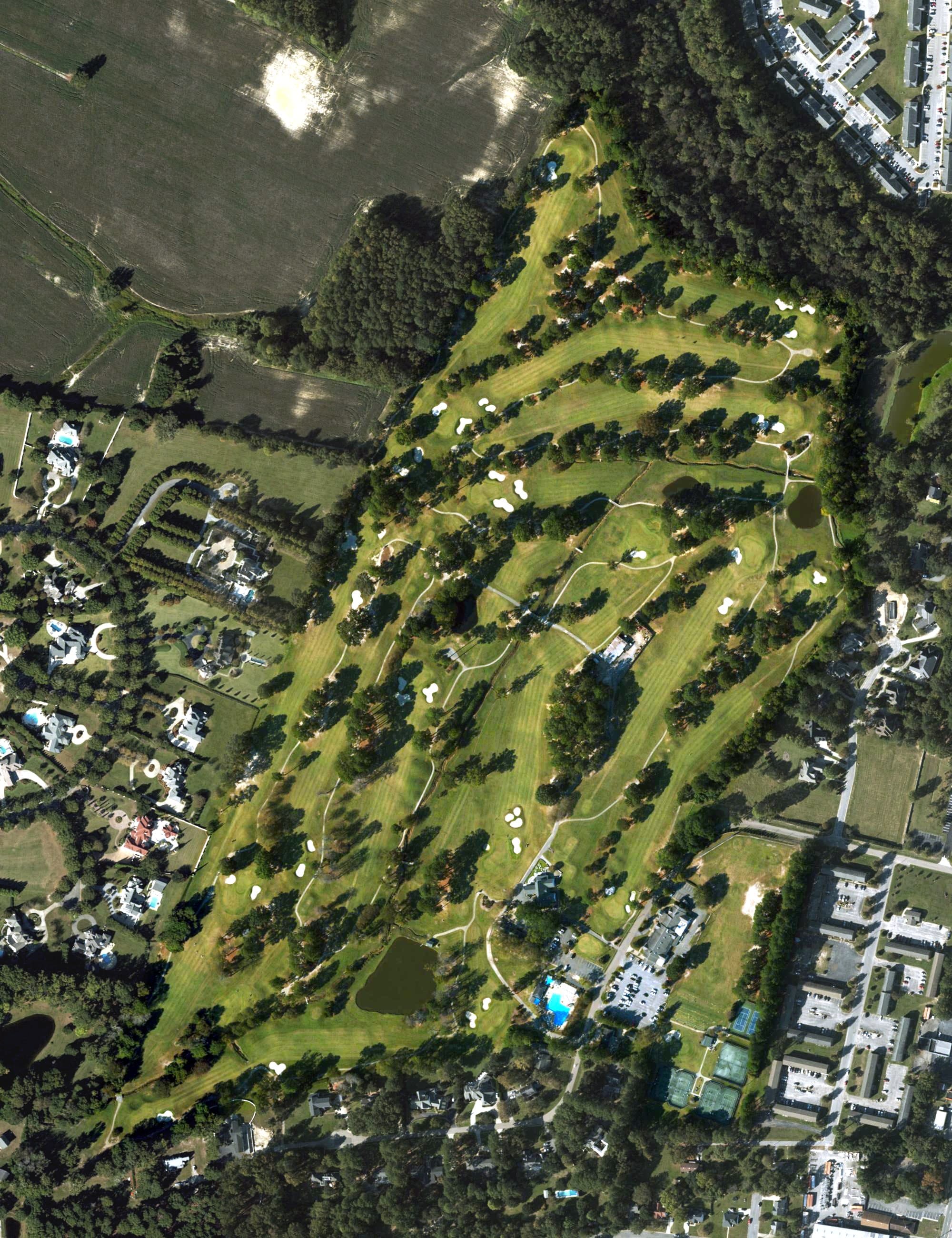 Aerial view of Greenville Country Club, NC, with its hole routing marked