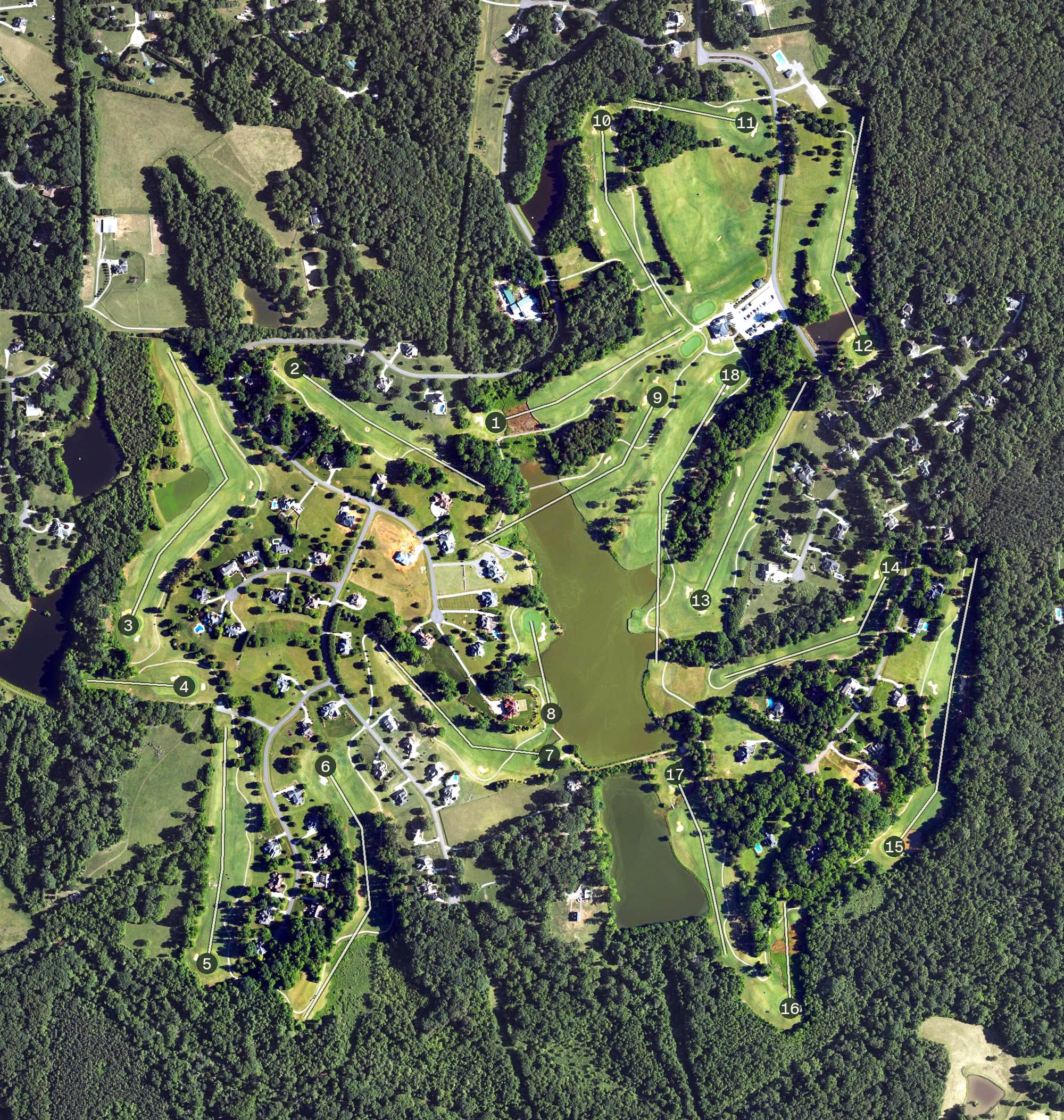 Aerial view of Greesnboro National Golf Course, NC, with its hole routing marked