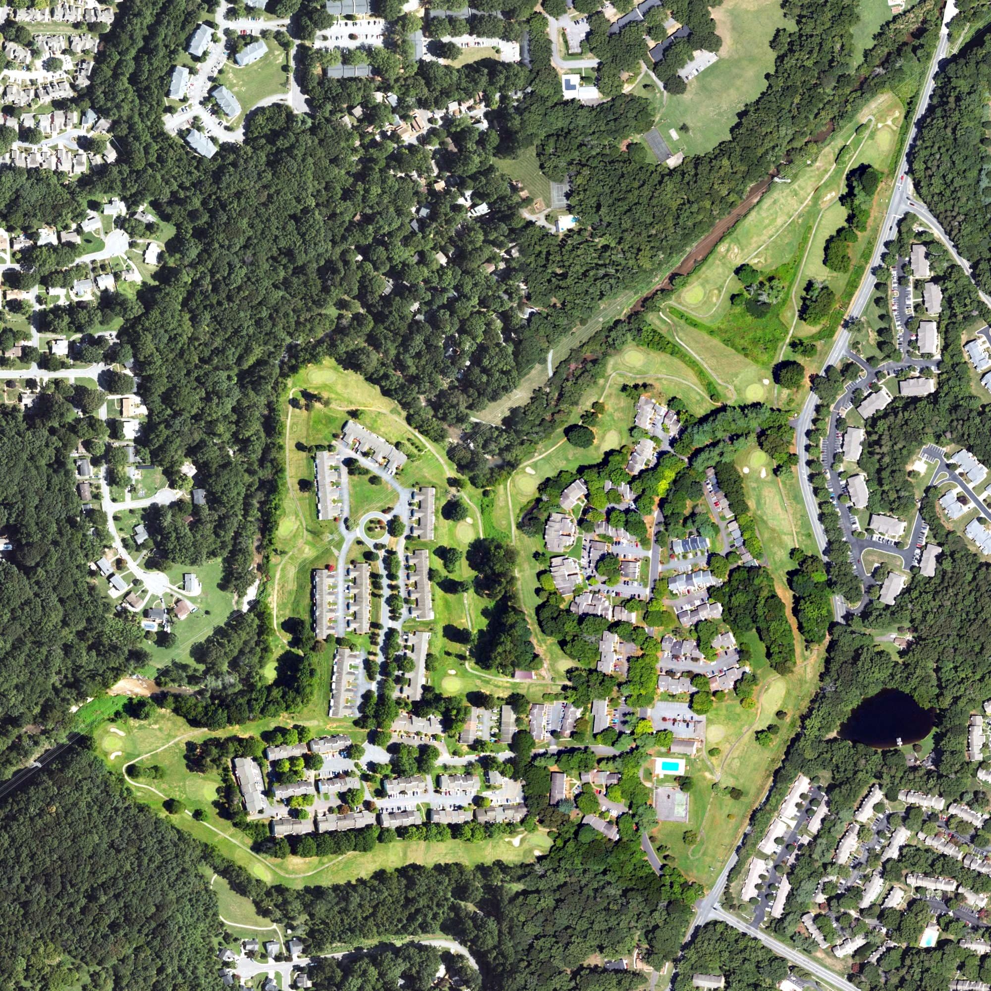 Aerial view of Heather Hills Golf Course, NC, with its hole routing marked