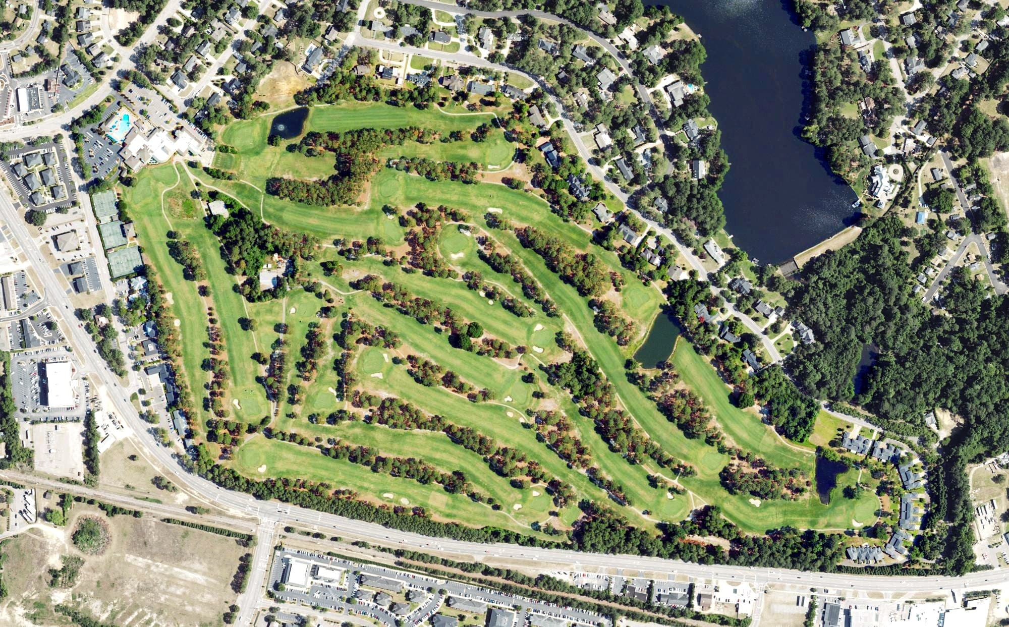 Aerial view of Highland Country Club, NC, with its hole routing marked