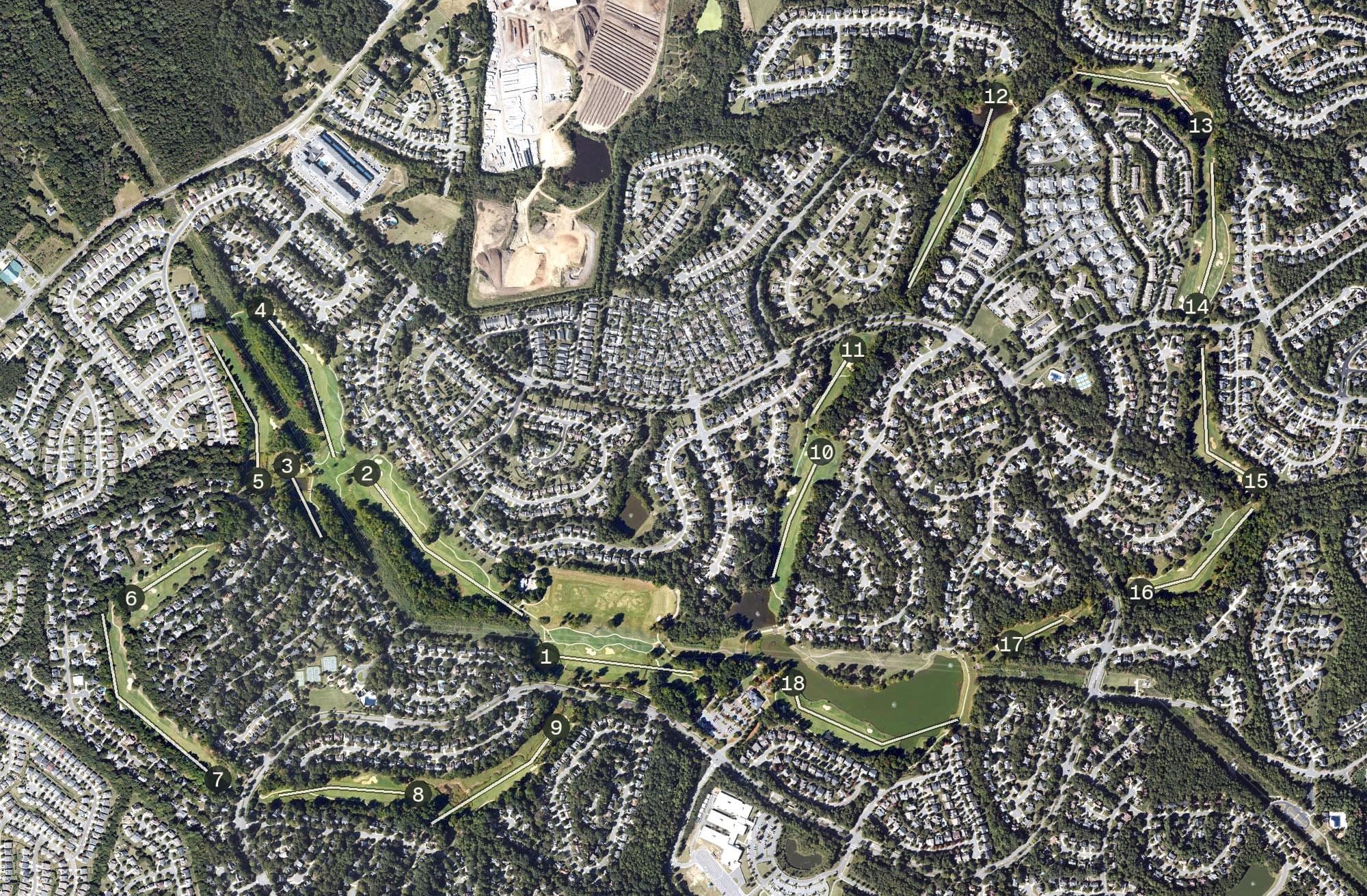 Aerial view of Highland Creek Golf Club, NC, with its hole routing marked