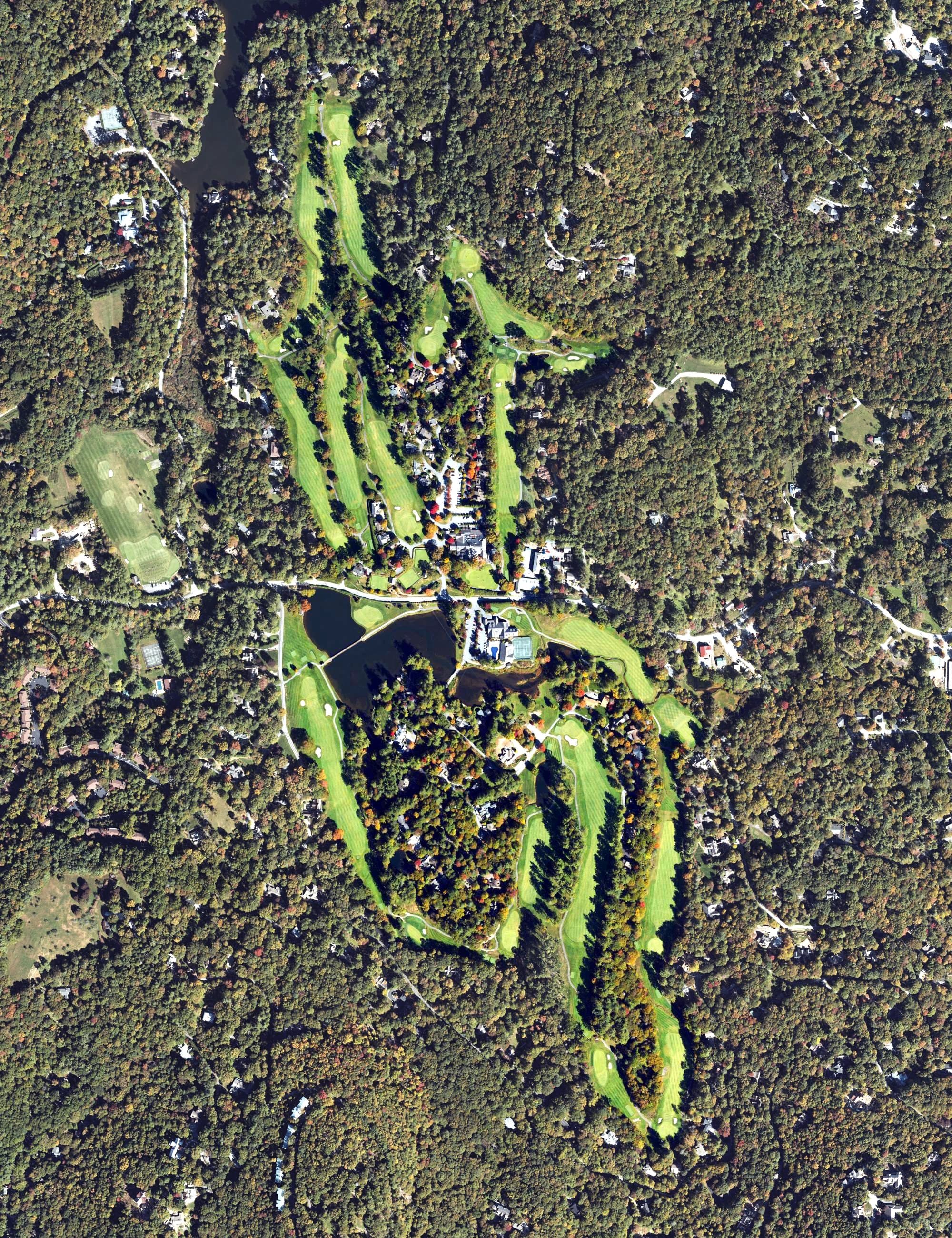 Aerial view of Highlands Country Club, NC, with its hole routing marked
