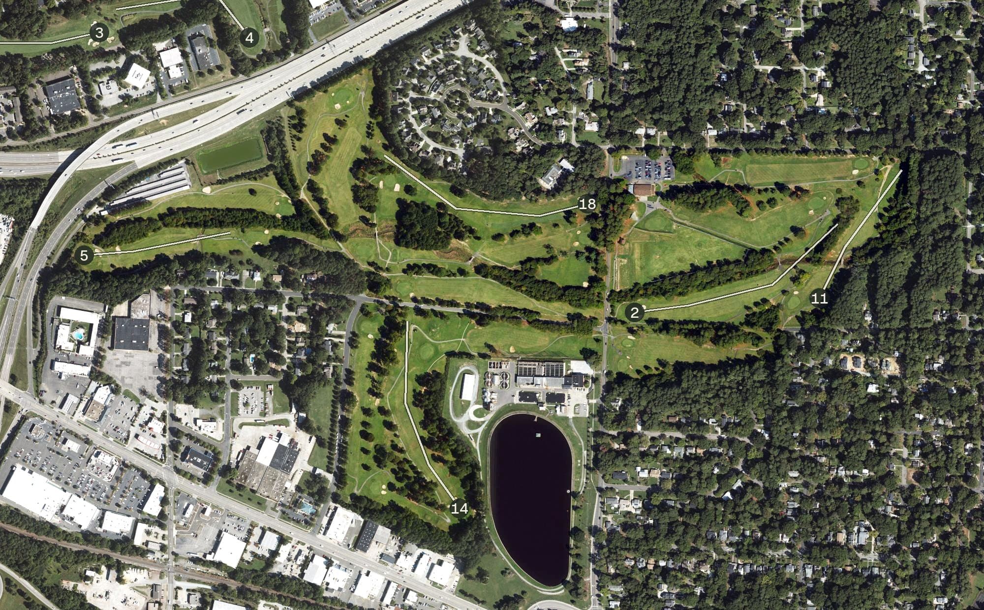 Aerial view of Hillandale Golf Course, NC, with its hole routing marked