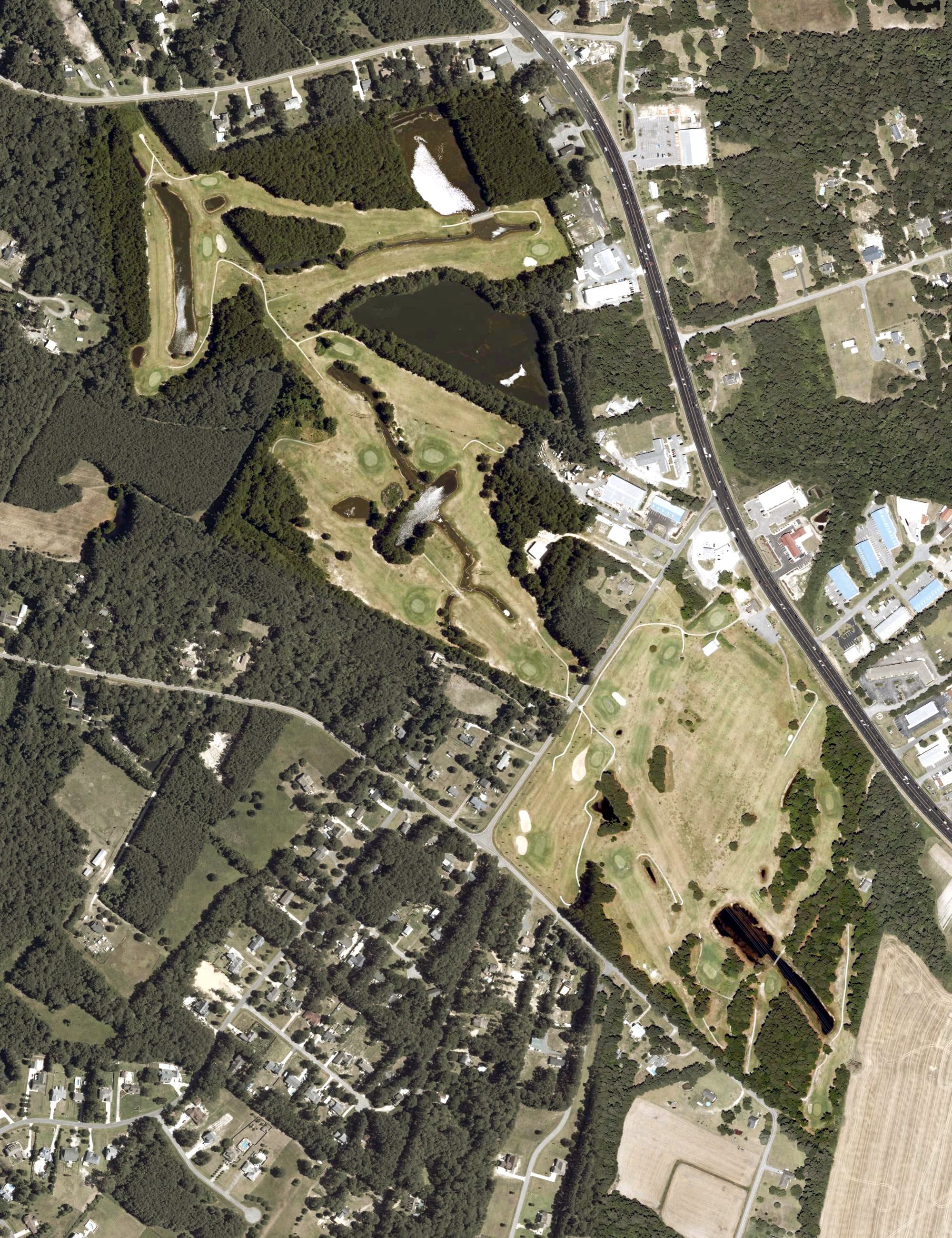 Aerial view of Holly Ridge Golf Course, NC, with its hole routing marked