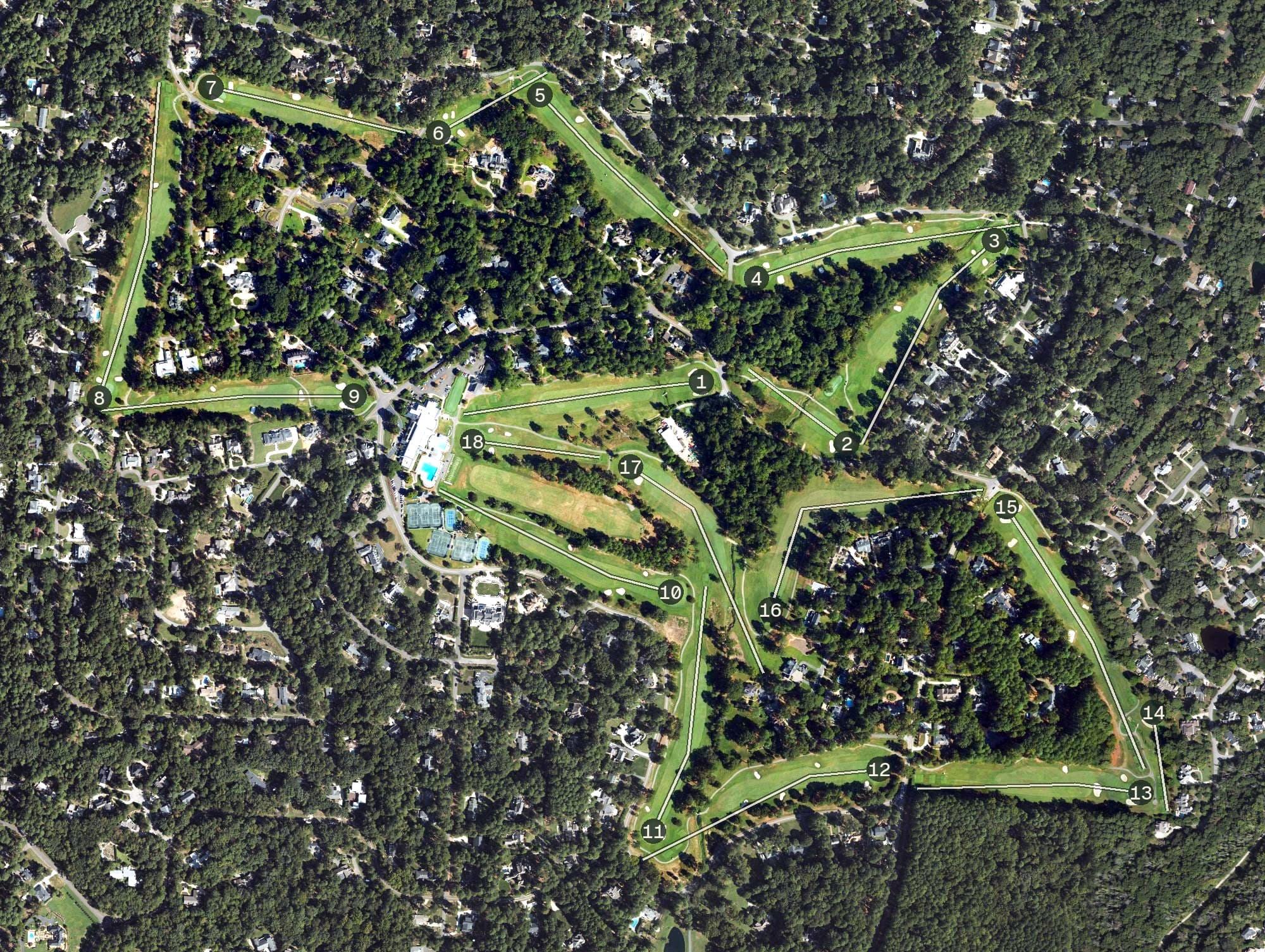 Aerial view of Hope Valley Country Club, NC, with its hole routing marked