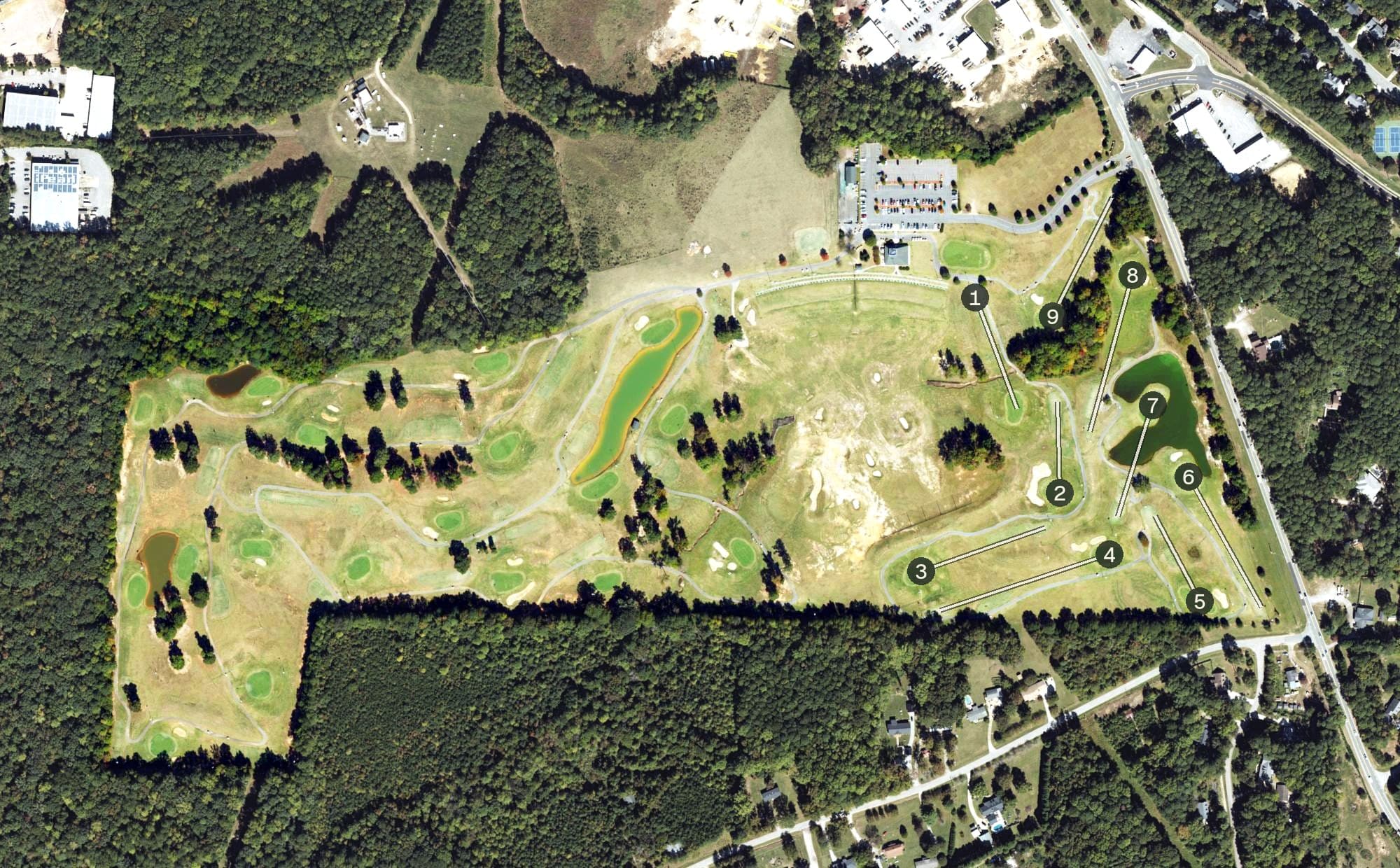 Aerial view of Knight's Play Golf Center, NC, with its hole routing marked