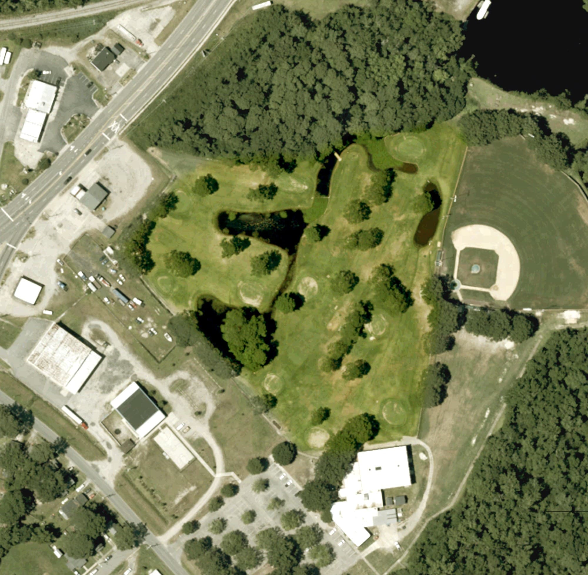 Aerial view of Knobbs Creek Golf Course, NC, with its hole routing marked