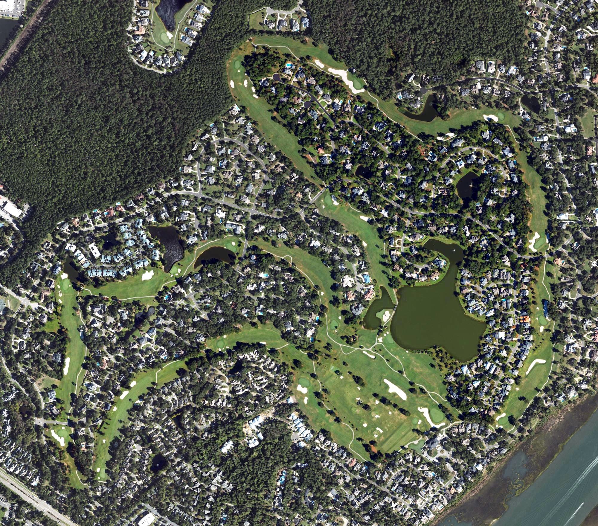 Aerial view of Landfall Country Club Golf Course, NC, with its hole routing marked