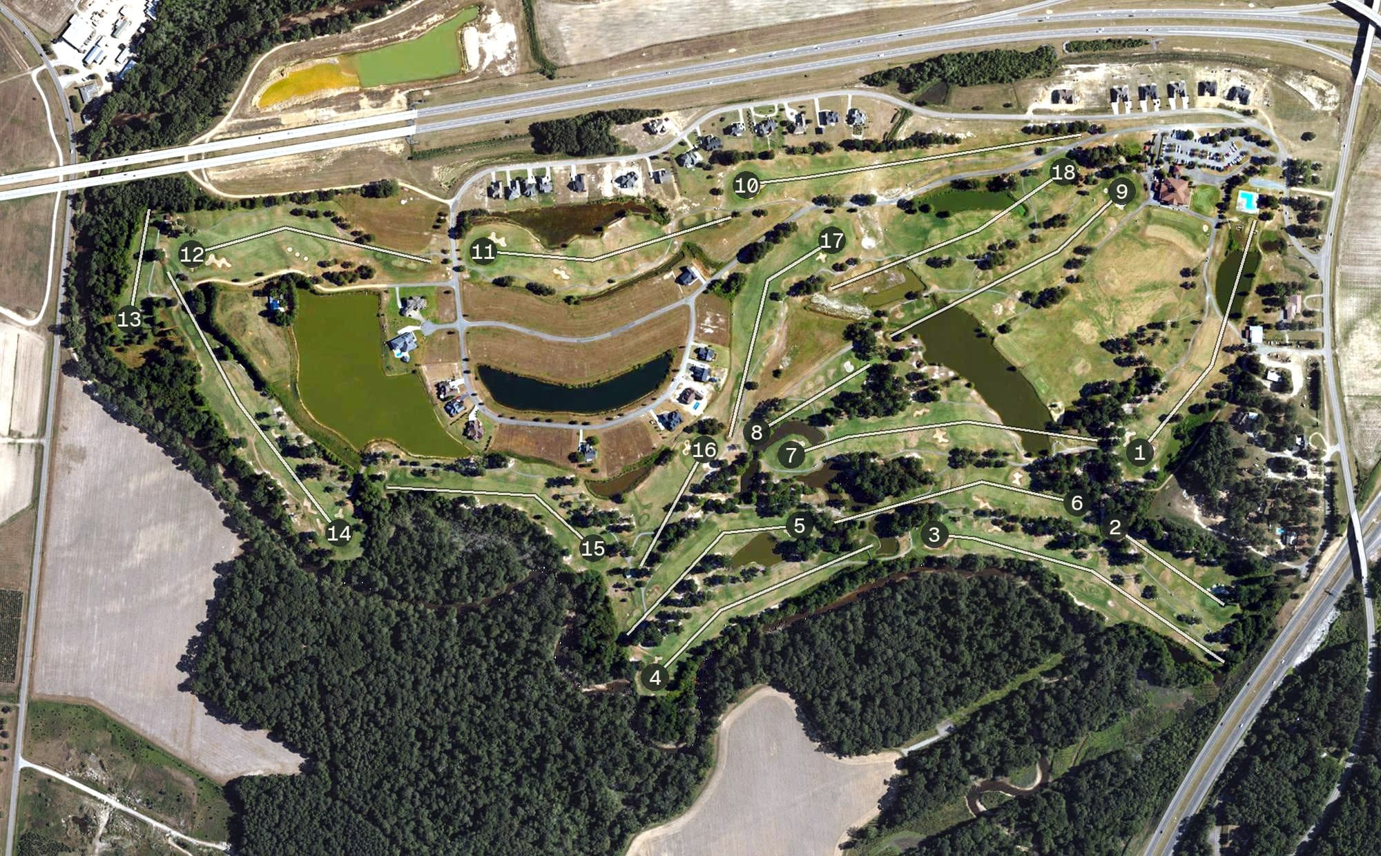 Aerial view of Lane Tree Golf Club, NC, with its hole routing marked