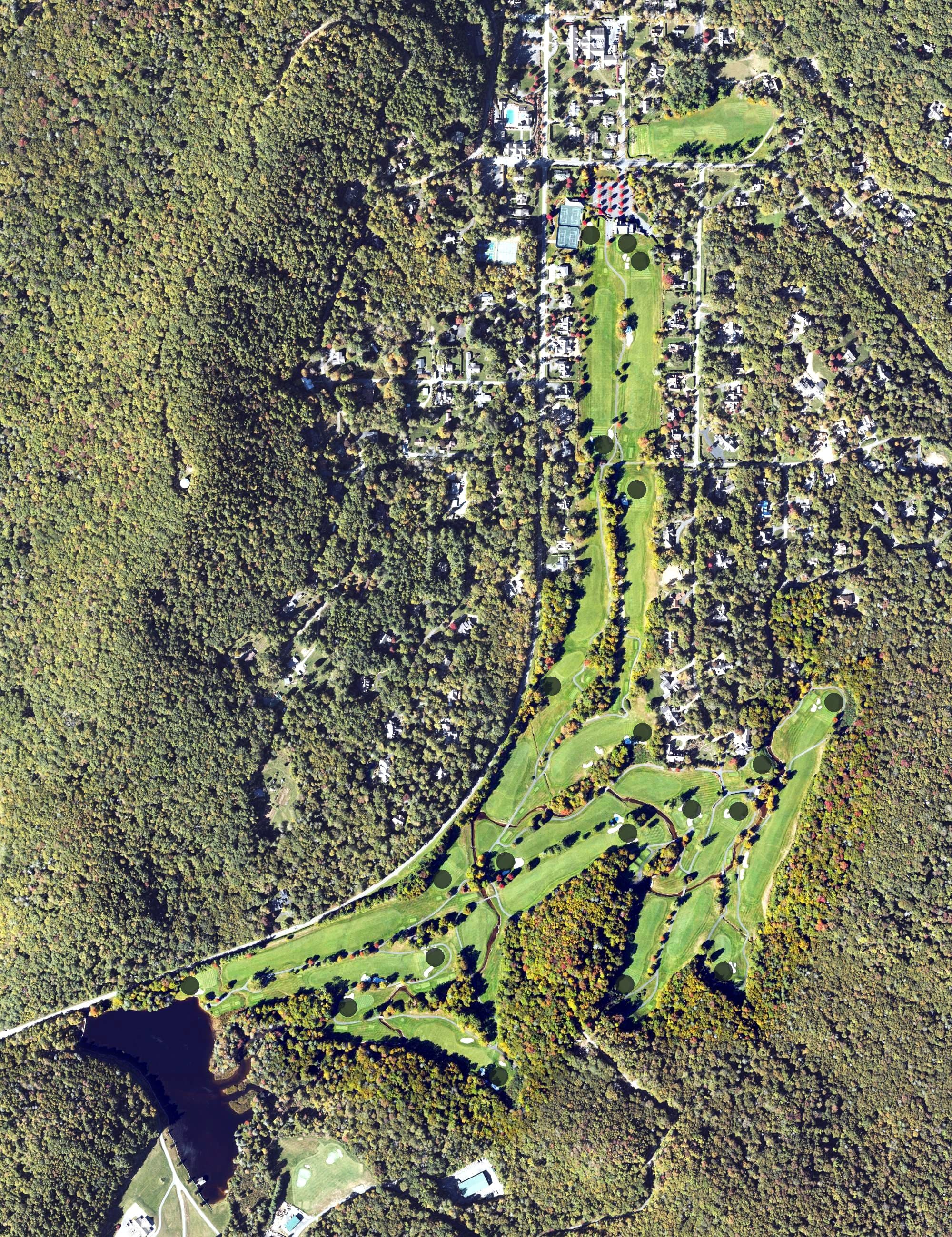 Aerial view of Linville Golf Club, NC, with its hole routing marked