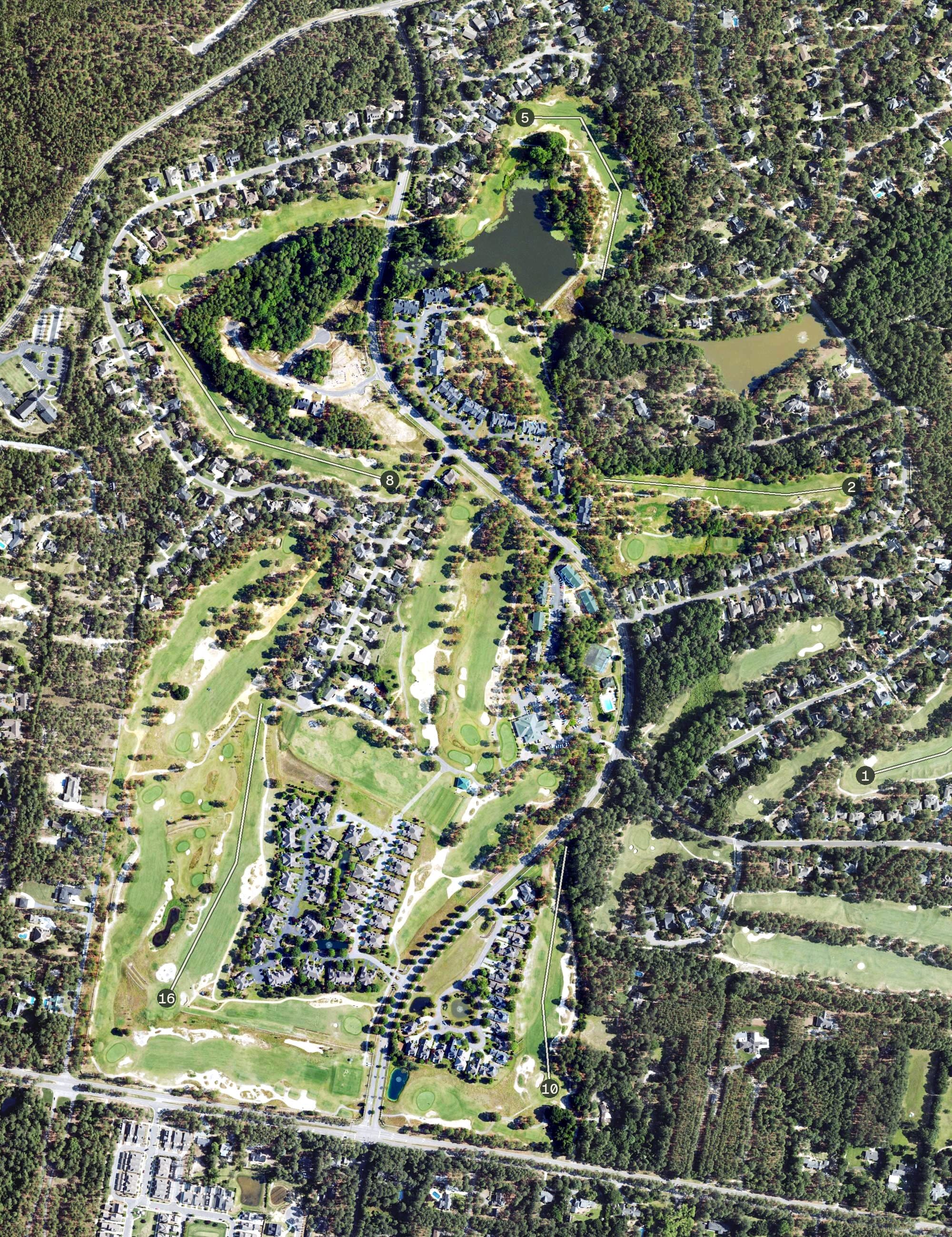 Aerial view of Longleaf Golf & Family Club, NC, with its hole routing marked