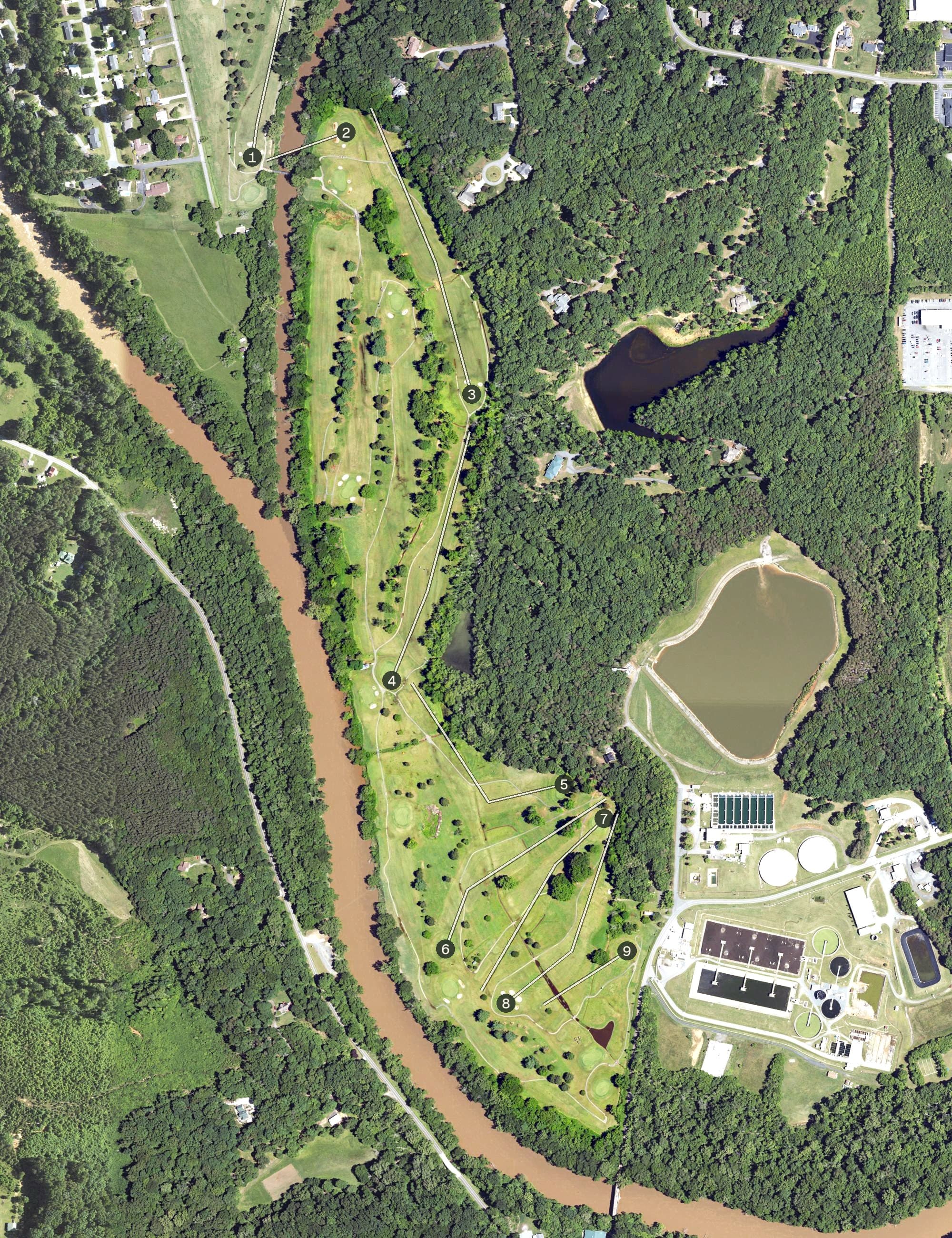 Aerial view of Lynrock Golf Course, NC, with its hole routing marked