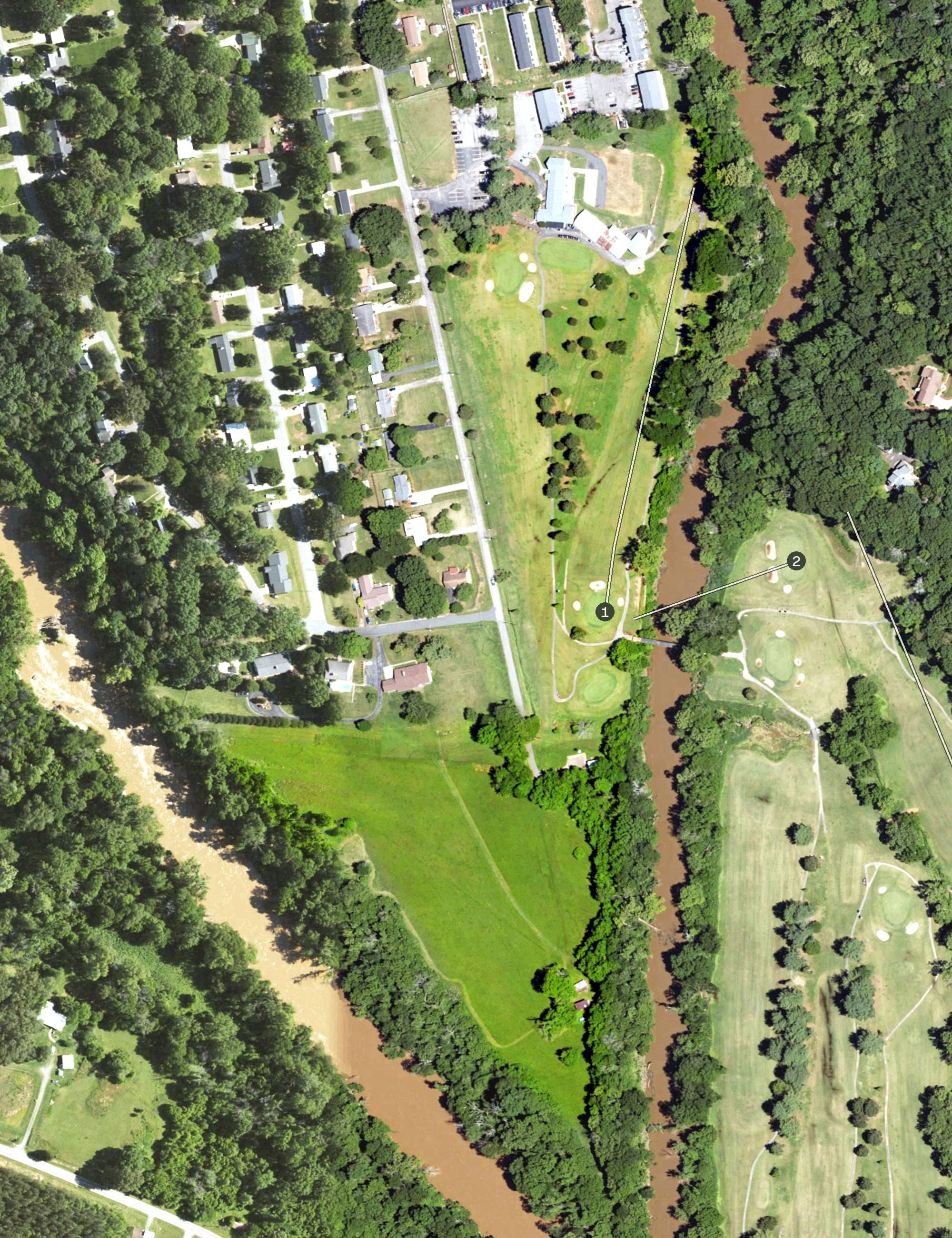 Aerial view of Lynrock Golf Course, NC, with its hole routing marked