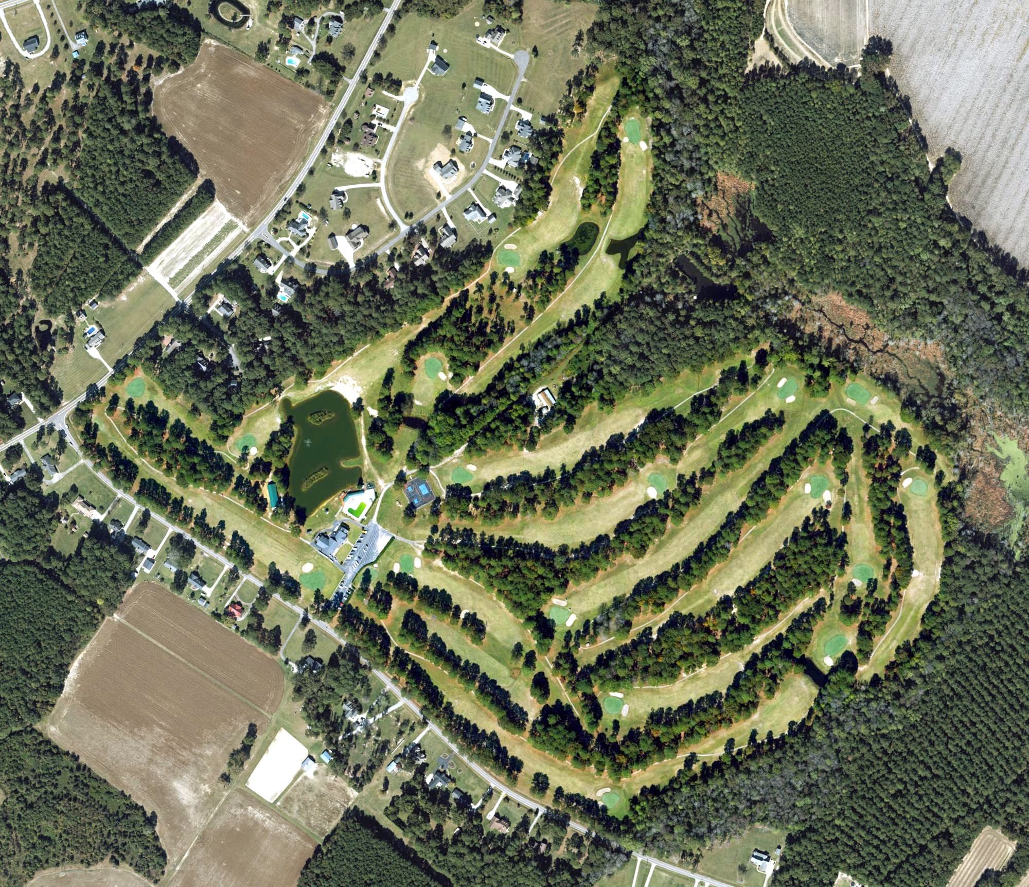 Aerial view of Maccripine Country Club, NC, with its hole routing marked
