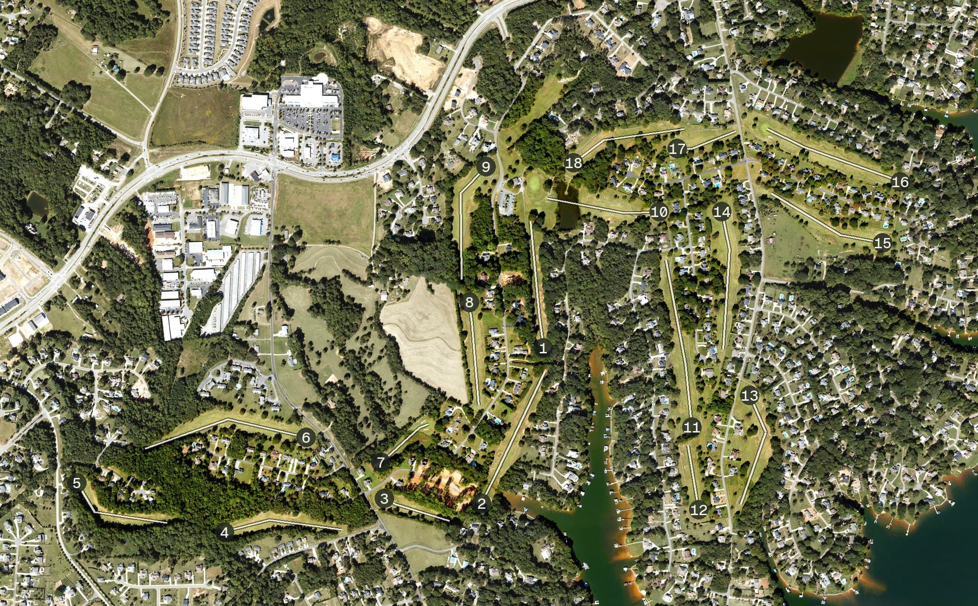 Aerial view of Mallard Head Country Club, NC, with its hole routing marked