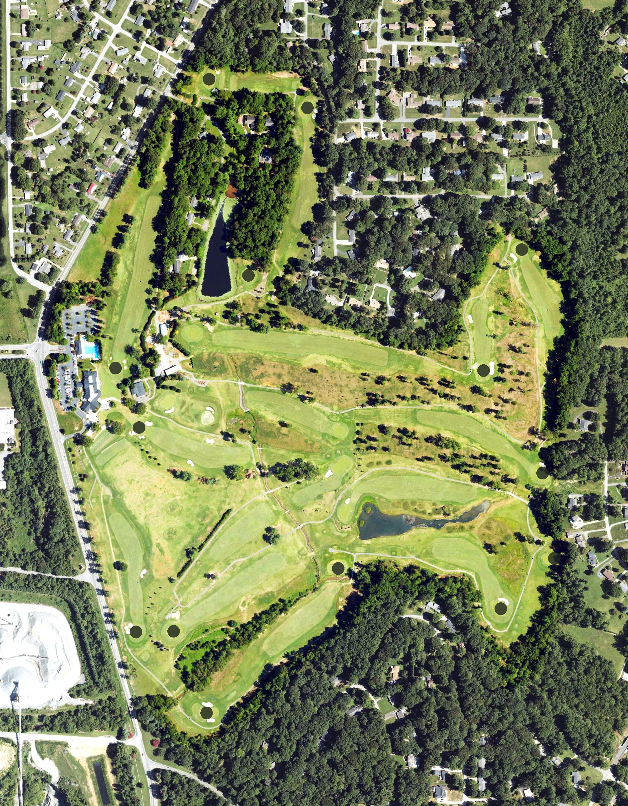 Aerial view of Maple Chase Golf & Country Club, NC, with its hole routing marked