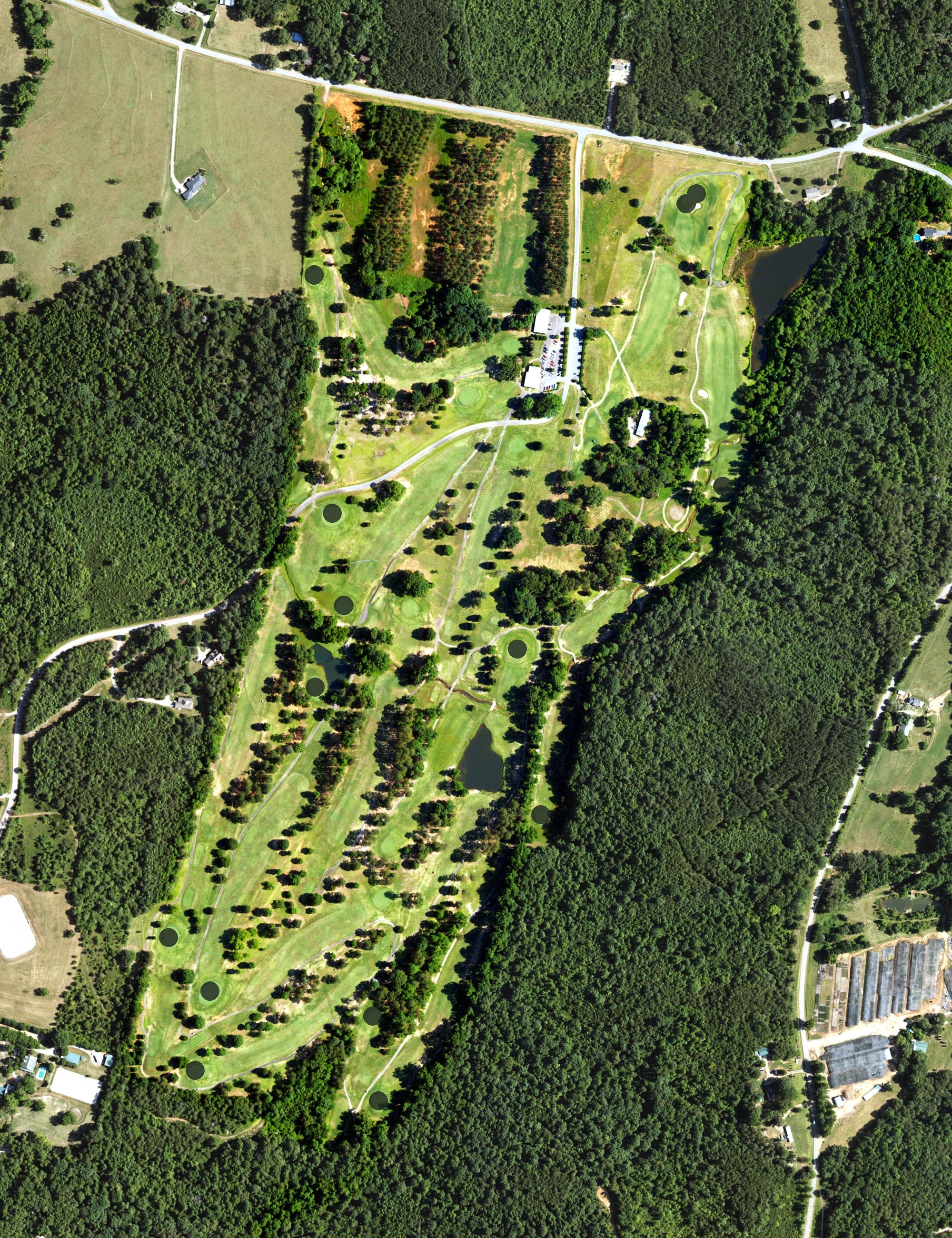 Aerial view of Meadowbrook Golf Club, NC, with its hole routing marked