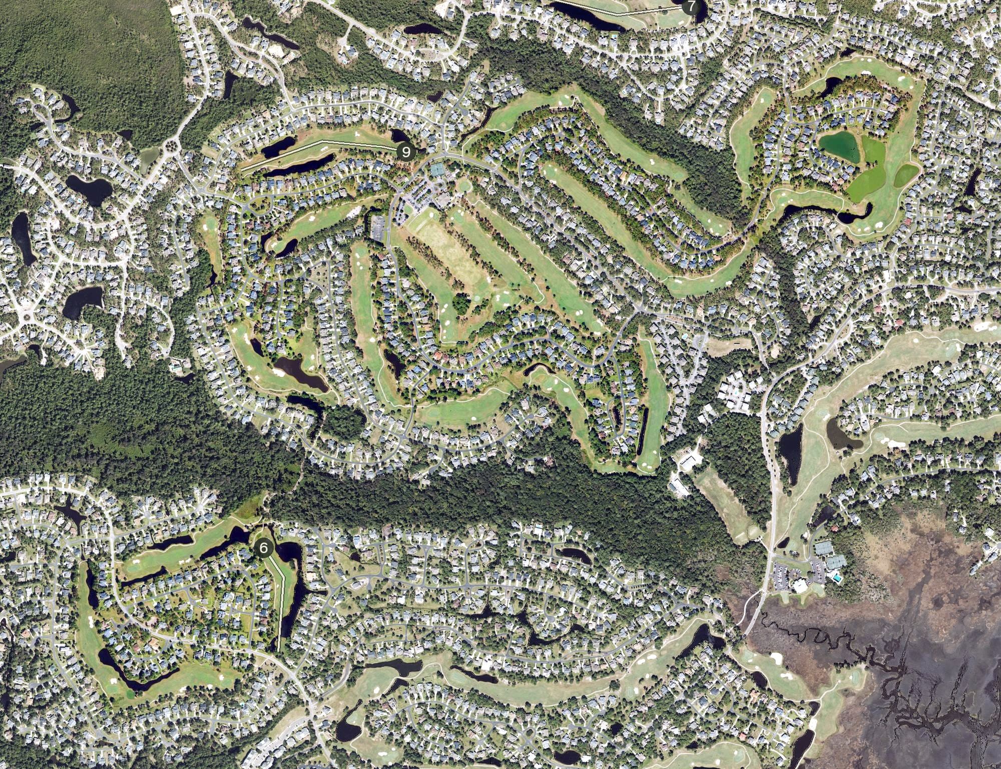 Aerial view of Members Club, NC, with its hole routing marked